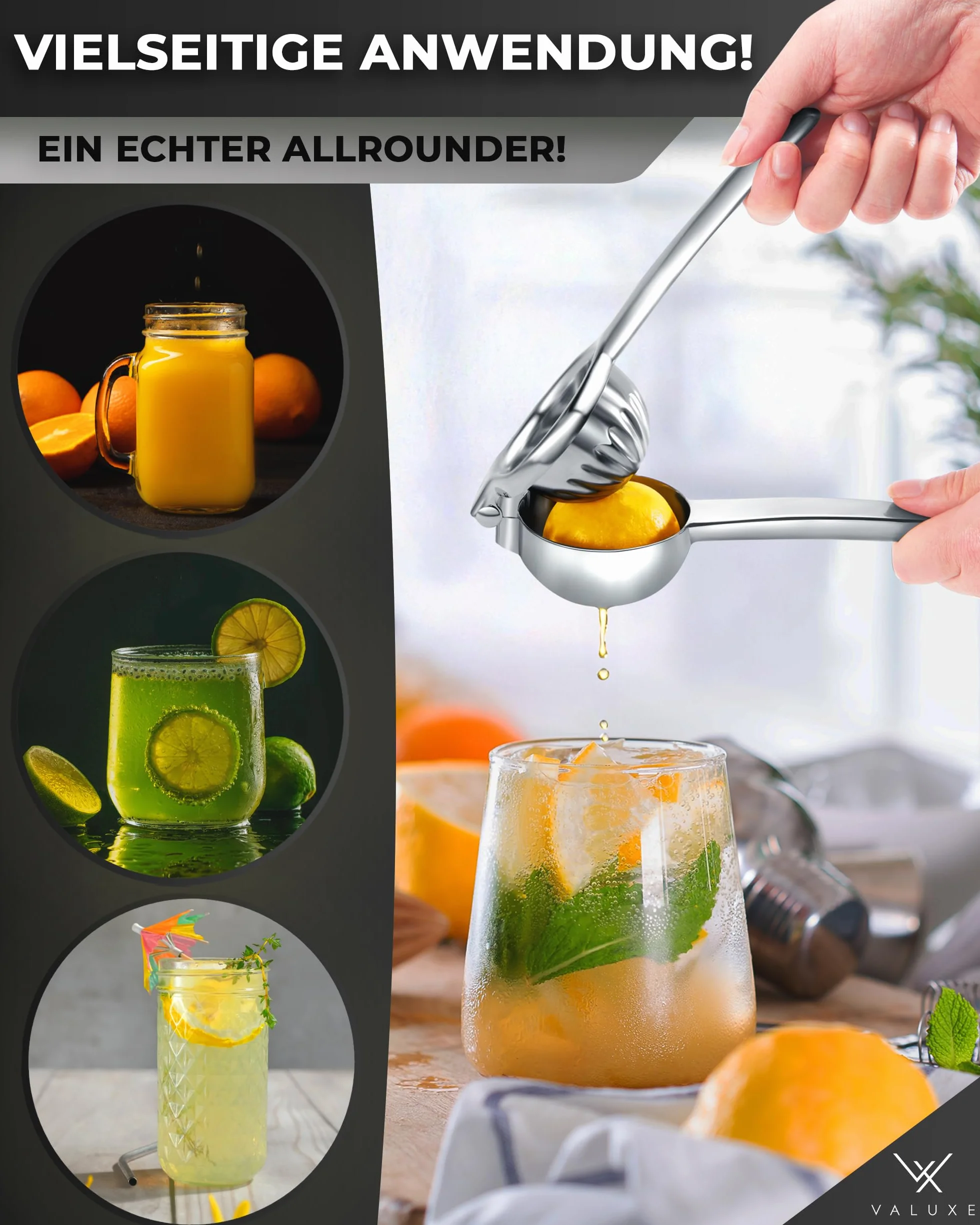 VALUXE® Premium wyciskarka do cytryn ze stali nierdzewnej - ręczna wyciskarka do cytrusów na cytryny, limonki i małe pomarańcze - ręczna wyciskarka do limonek, ręczna wyciskarka do cytrusów