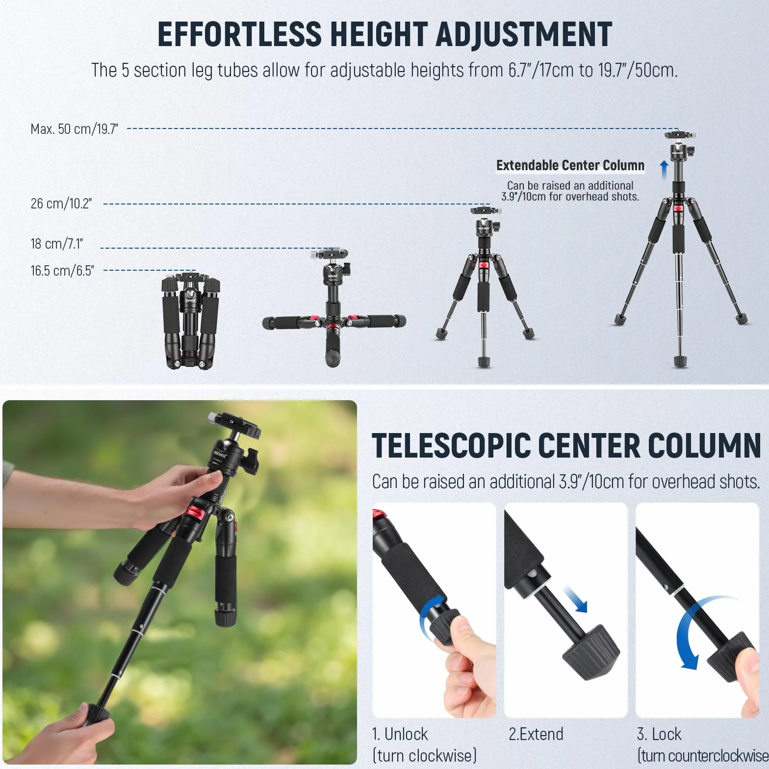 Neewer Przenośny mini statyw biurkowy - stop aluminium 20"/50 cm z głowicą kulową 360 stopni, płyta szybkiego obuwia do kamery wideo DSLR, obciążenie do 11 funtów / 5 kg