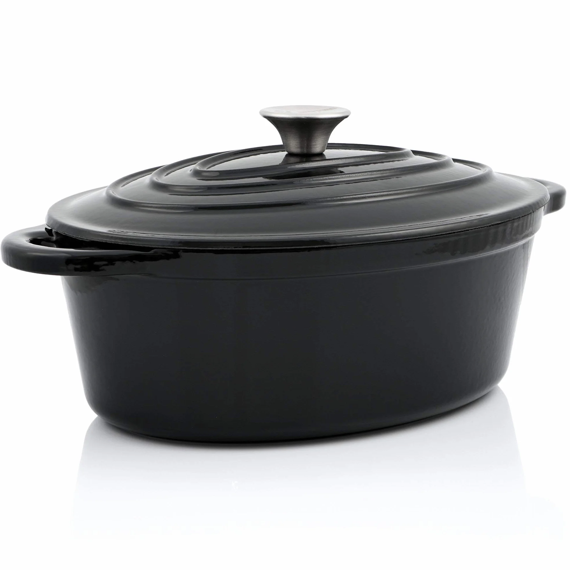 BBQ-Toro Gusseisen Cocotte | 4,3 litra | czarny, owalny | Emaliowany garnek żeliwny z pokrywką | Gusstopf, nadany do kuchenek indukcyjnych | Garnek z aromatycznymi kroplami na pokrywce | Żeliwny