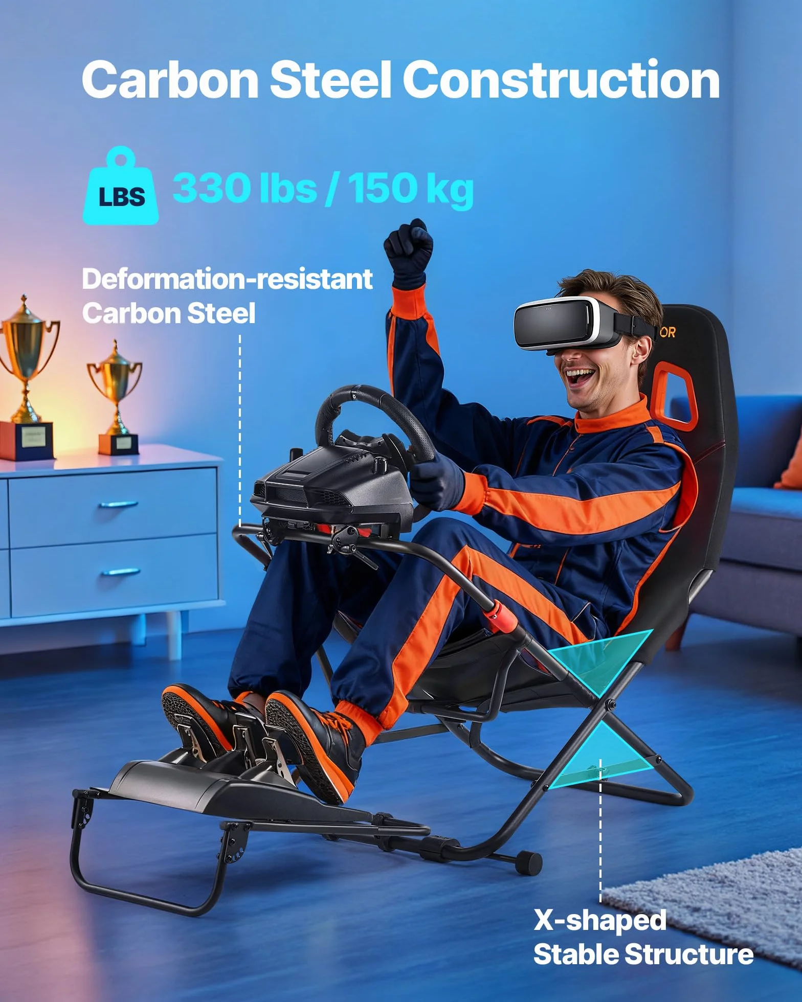 VEVOR Przenośny stojak na kierownicę wyścigową, składany i regulowany stojak na kierownicę, szerokość wewnętrzna siedziska 470 mm, kompatybilny z Logitech G923/G920/G29, Thrustmaster T248P, Fanatec