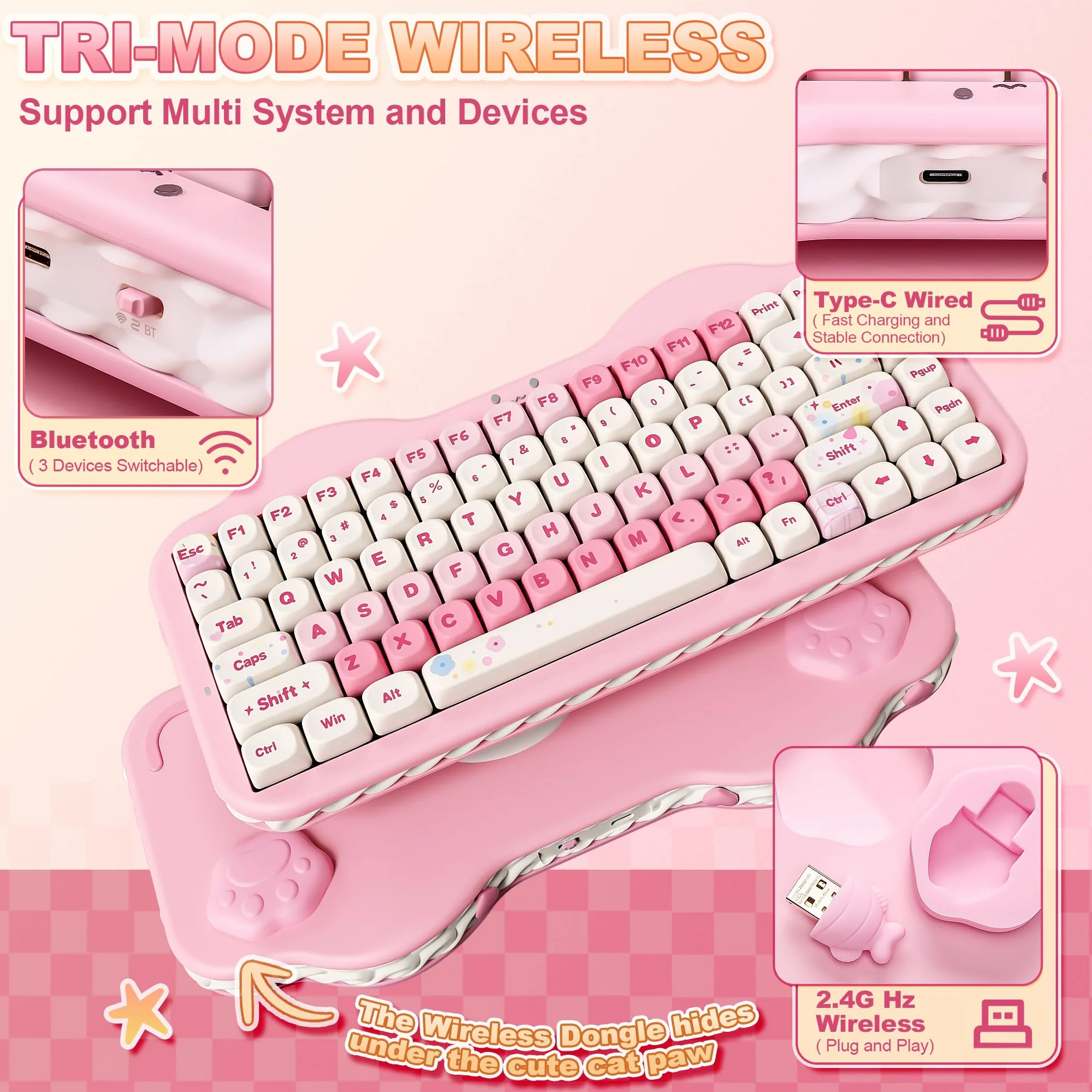 YUNZII C75 Bezprzewodowa Mechaniczna Klawiatura, 75% Układ Hot Swappable Kremowa Klawiatura NKRO,Uroczy Projekt Ciasta BT5.0/2.4G/USB-C dla Win/Mac/Gaming (Różowy, Milk V2 Linear Switch)