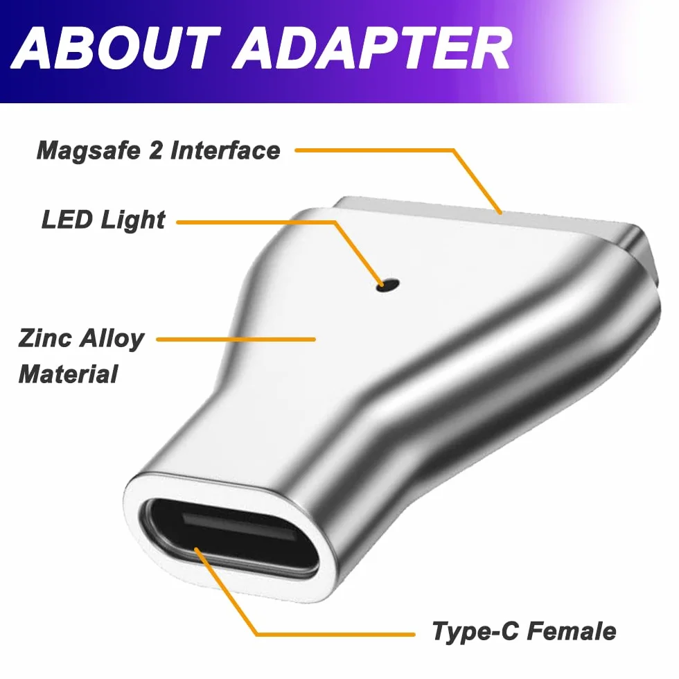 Adapter USB C na magnetyczny, 2 sztuki, typ C na Safe 2 T-Head T-Tip PD 100 W adapter do szybkiego ładowania do Mac Book Air/Pro 11" i 13" (po 2012-2015)