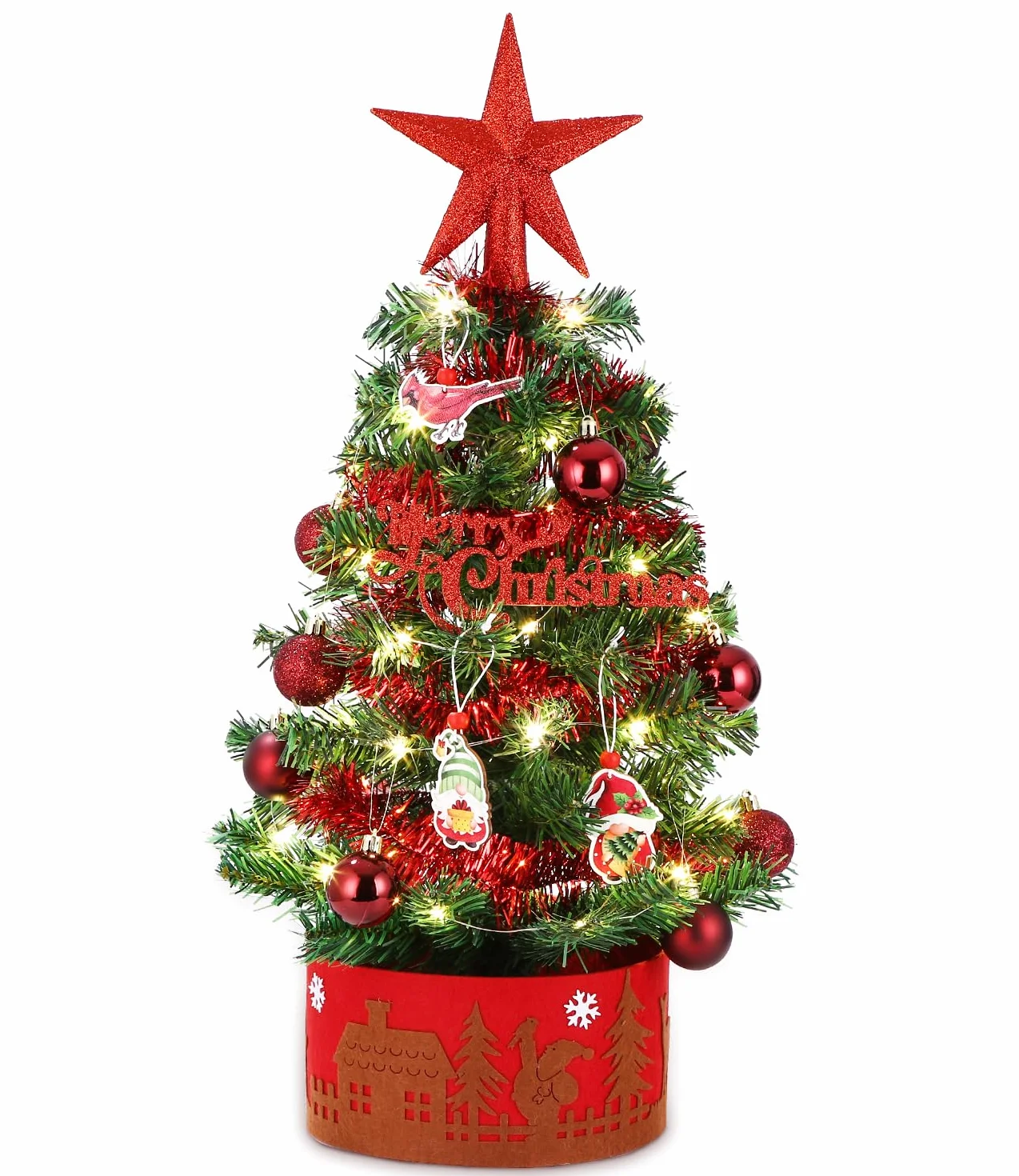 LEAZZLE mini choinka stołowa choinka 60 cm,zdobiona choinka,flokowana choinka,mała choinka,miniaturowa choinka z łańcuchem świetlnym LED,choinka stołowa,45 cm,świąteczna dekoracja stołu (czerwona)