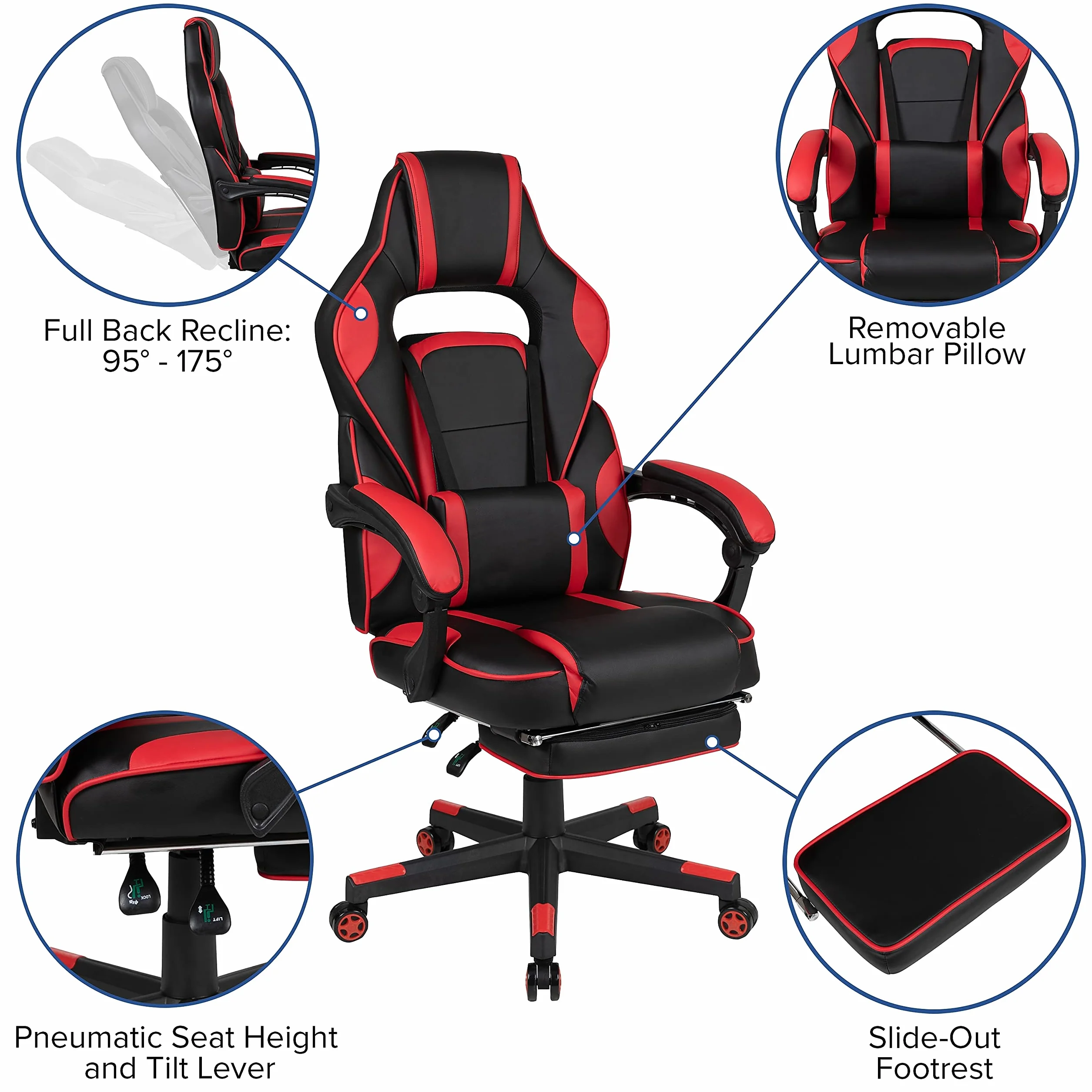 Flash Furniture X40 fotel gamingowy, ergonomiczne krzesło komputerowe z całkowicie odchylanymi oparciem/ramionami, wysuwanym podnóżkiem, masującym lędźwiowym - czerwony