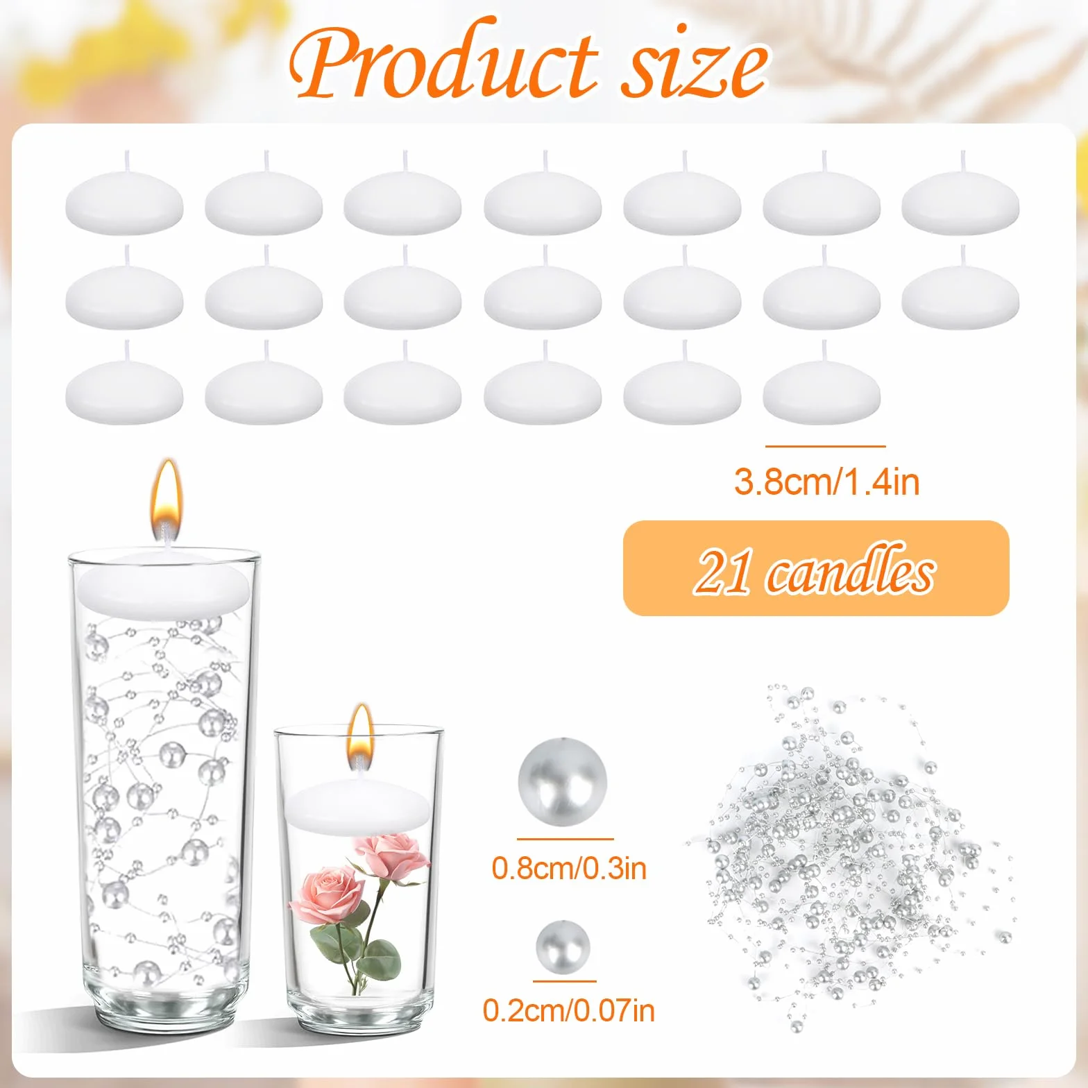 20 sztuk białych pływających świec, pływające świece, 3,8 x 2 cm, 6 sztuk sznurków do pływających świec, srebrne, pływające świece do basenu, na środki, wesela, imprezy, do dekoracji domu