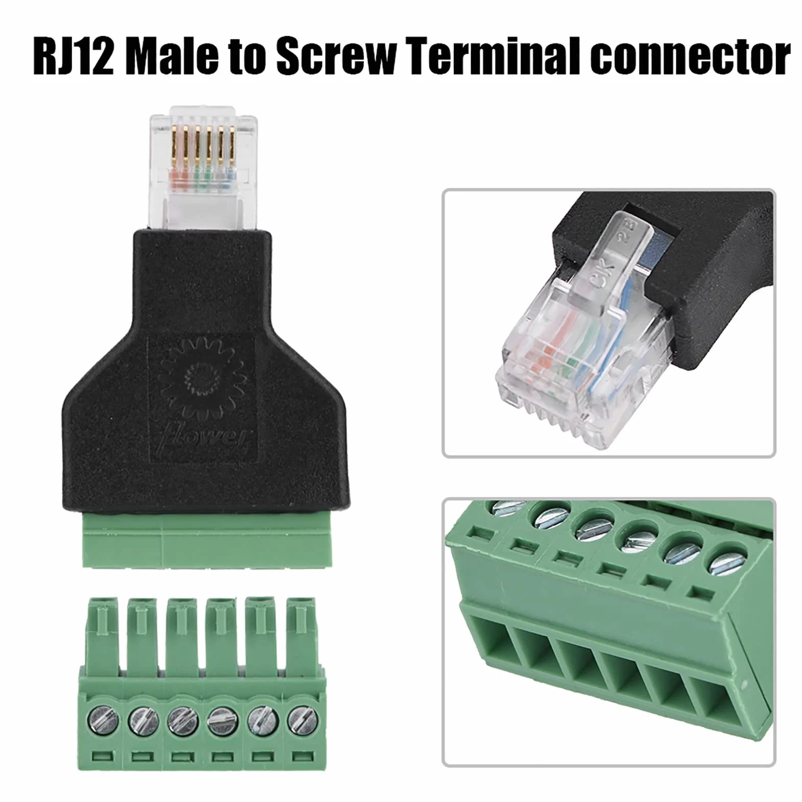 Adapter Końcówki śrubowej RJ12, 2 szt. Plastikowe Złącze Ethernet RJ12 6P6C Złącze Męskie na 6-pinowe Zaciski śrubowe