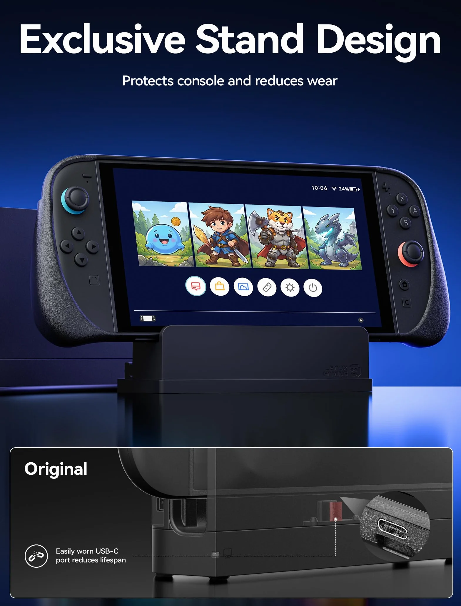 JSAUX Przedłużacz USB C ze stojakiem do stacji dokującej Switch 2, 35 cm Extension Cable obsługa szybkiego ładowania i transmisji wideo 4K, funkcja dokująca 1:1, pomocnicze chłodzenie, kompatybilny z