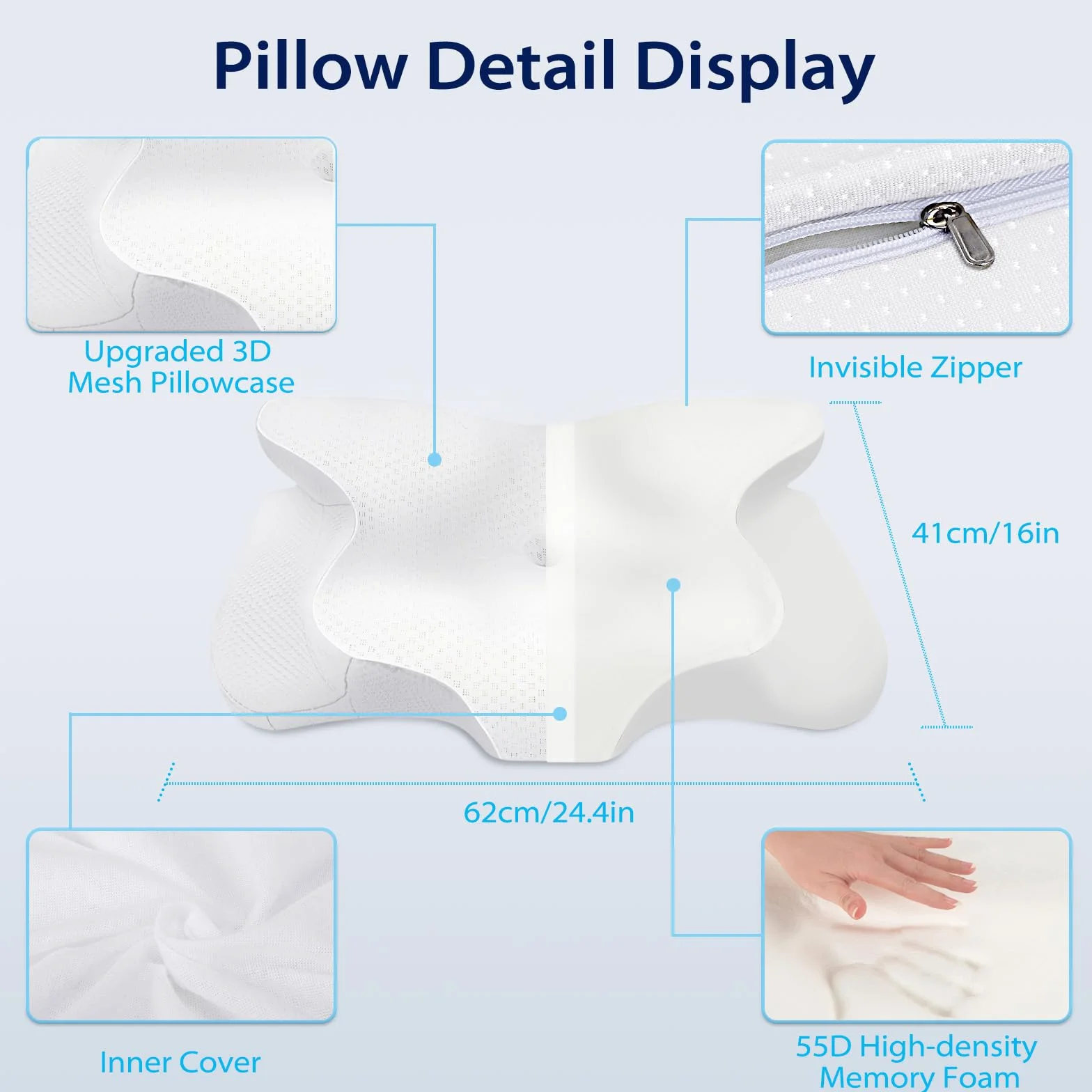 HOMCA Poduszka pod szyję Poduszka pod głowę, pianka z pamięcią kształtu Ergonomiczna poduszka pod głowę Pokrowiec chłodzący 3D na plecy, bok lub na brzuch, 62 x 41 x 11/13 cm Biały