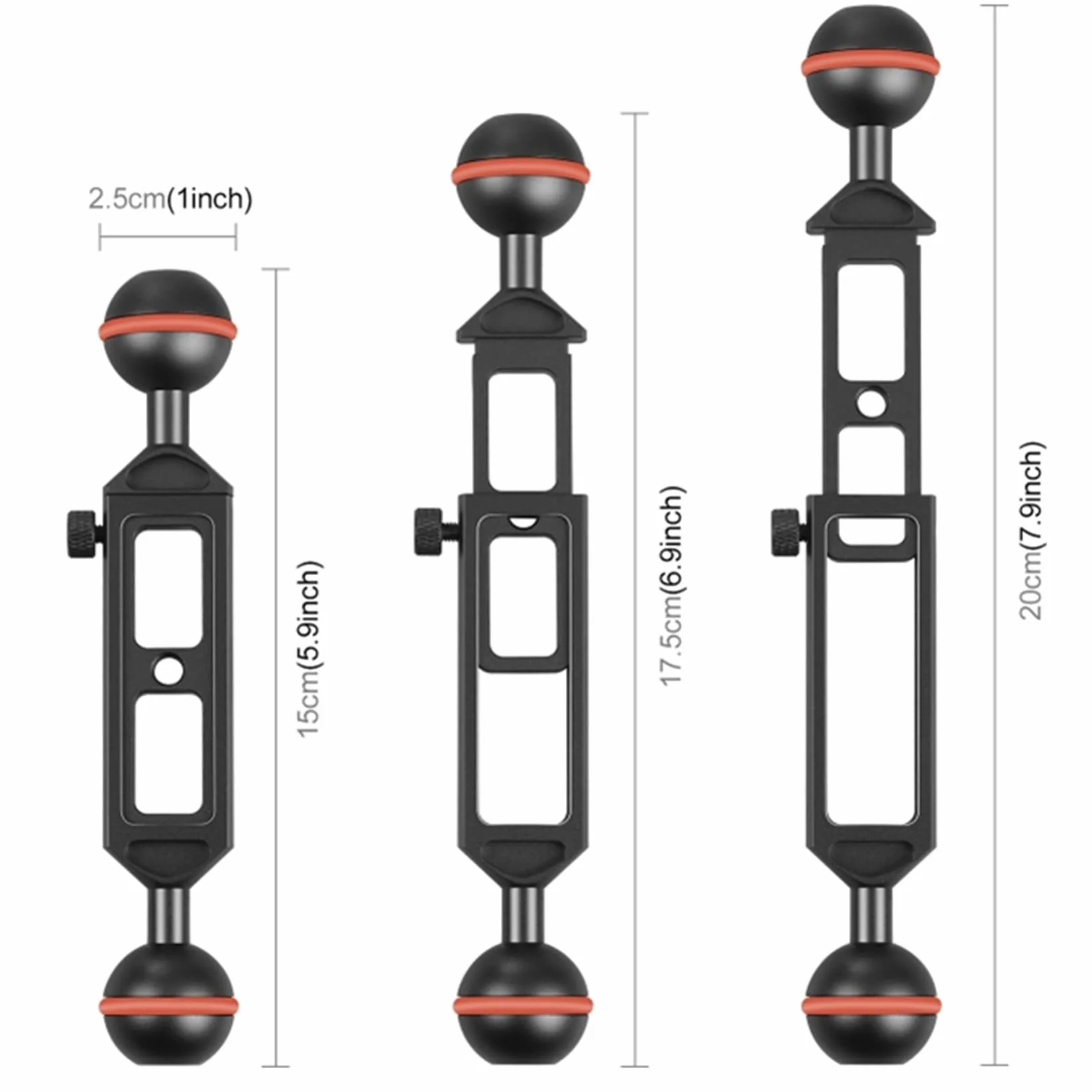 Kamera fotograficzna 20 cm 20 cm regulowana długość stojak do nurkowania stop aluminium podwójne kulki ramię z gwintem 1/4, średnica kulki: 25 mm (czarny)
