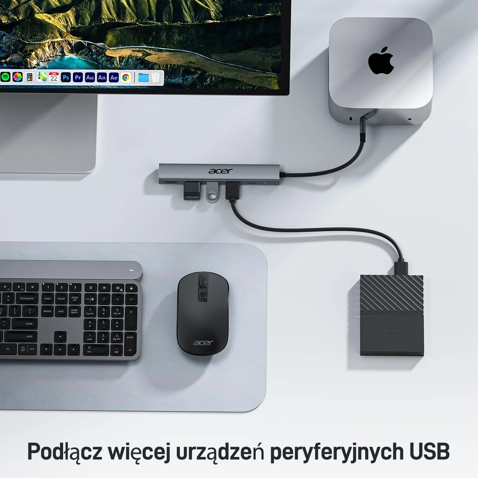 acer Hub USB C z HDMI 4K, aluminiowy adapter wieloportowy USB-C 5 w 1 z 3 portami USB-A, moc 100W, rozdzielacz typu C, kompatybilny z laptopem, tabletem, MacBookiem M3/M2, XPS, iPadem Pro itp.