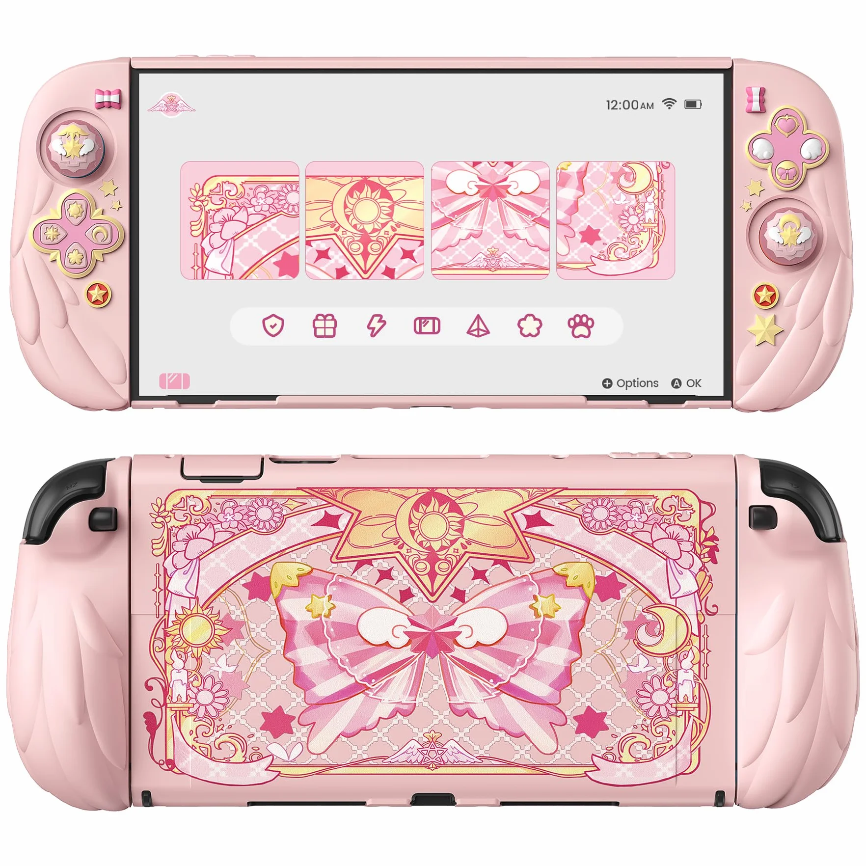 PlayVital Etui na Konsolę do Switch 2 Akcesorium z Silikonowymi Osłonami Joycon & Nakładkami na Joysticki do Switch 2,Dockowalne Ochronne-Różowe, Styl Magiczne Skrzydła