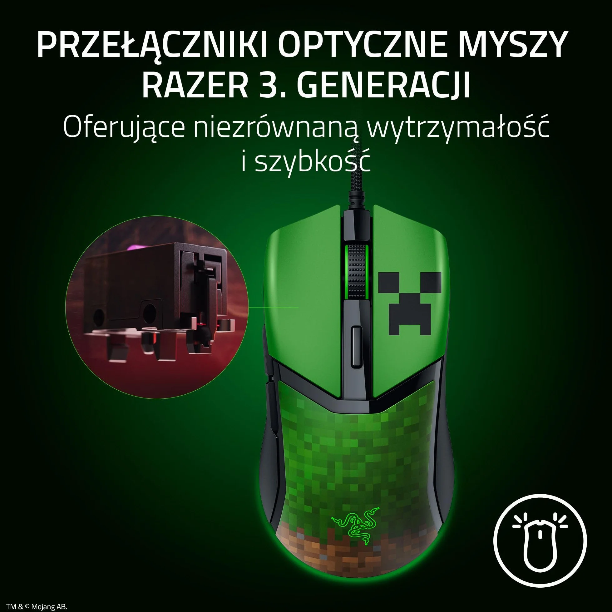 Razer Cobra Minecraft Edition lekka przewodowa mysz do gier 8500 DPI 58 g optyczne przełączniki 3. generacji podświetlenie Chroma kabel Speedflex