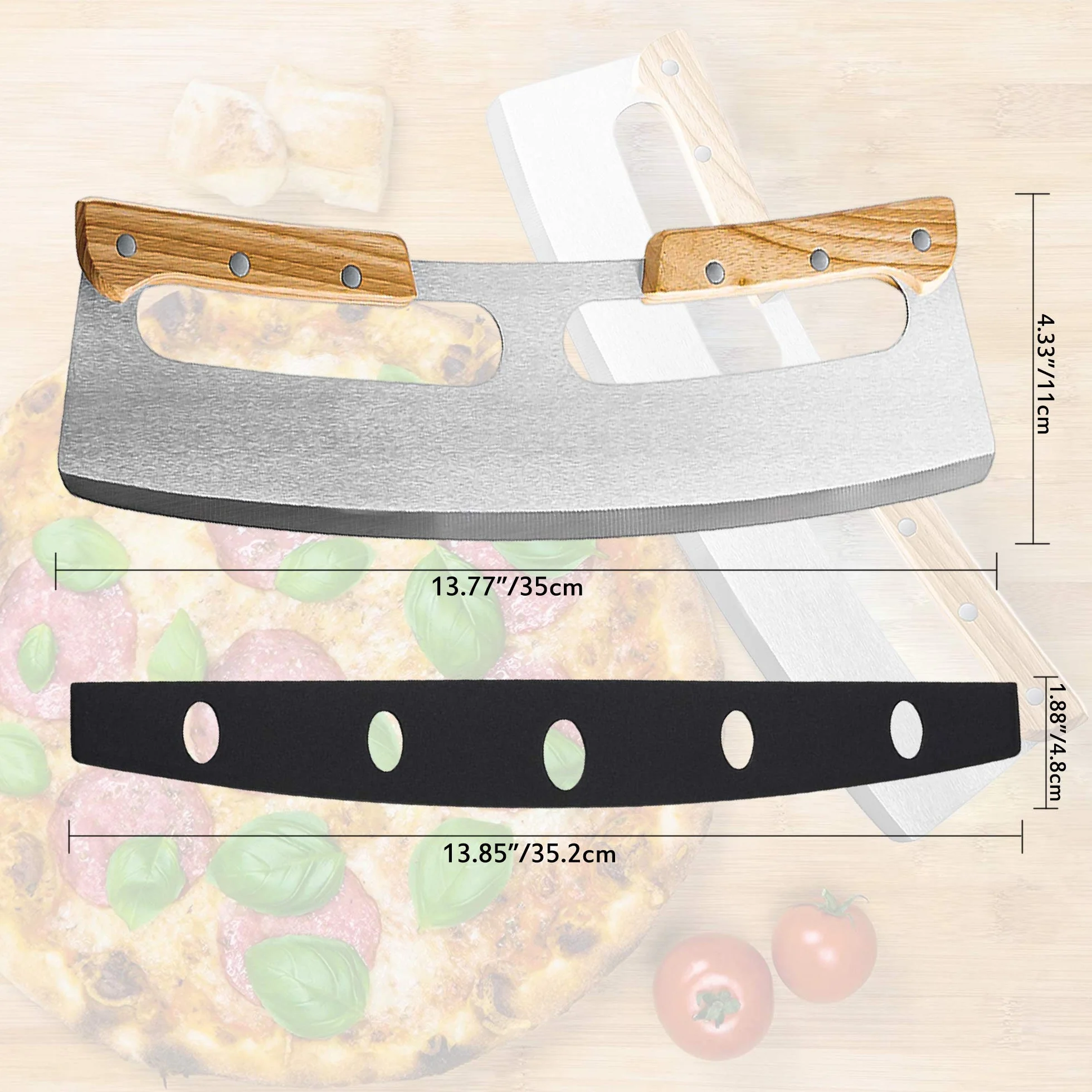 Nóż do pizzy bujany ze stali nierdzewnej 35cm z drewnianą rączką i pokrowcem ochronnym