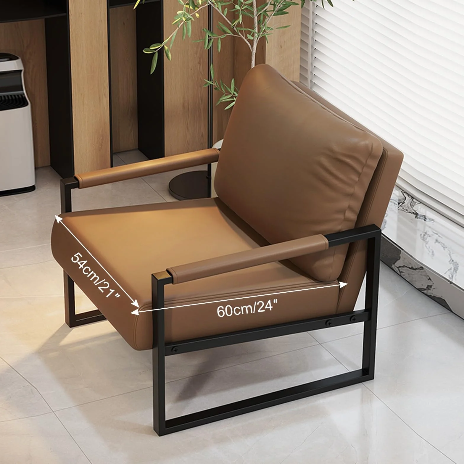Fotel Akcentowy ze Skóry Naturalnej z Oparciem, Nogi z Czarnego Metalu, Brązowy 70cm