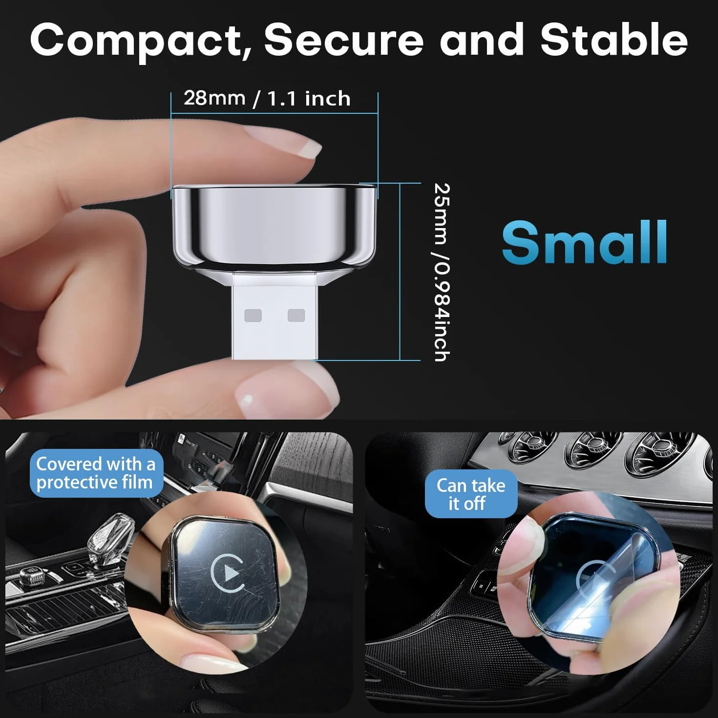 Adapter CarPlay Wireless 2025, aktualizacja OTA, pasuje do samochodów z 2016 i nowszych z CarPlay, współpracuje z iPhone iOS 11+ i Android Auto, Mini i Stable, automatyczne ponowne łączenie.