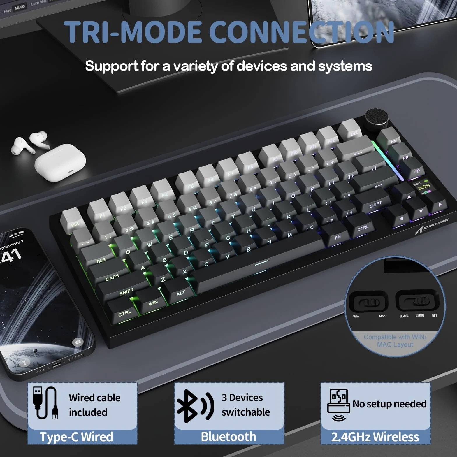 ATTACK SHARK X820 Ultra Bezprzewodowa Klawiatura Mechaniczna z Wyświetlaczem TFT i Pokrętłem, 75% Wymienne Przełączniki, Klawiatura Gamingowa, BT/2.4G/USB-C, RGB (Czarna Gradientowa–Switch Gift)