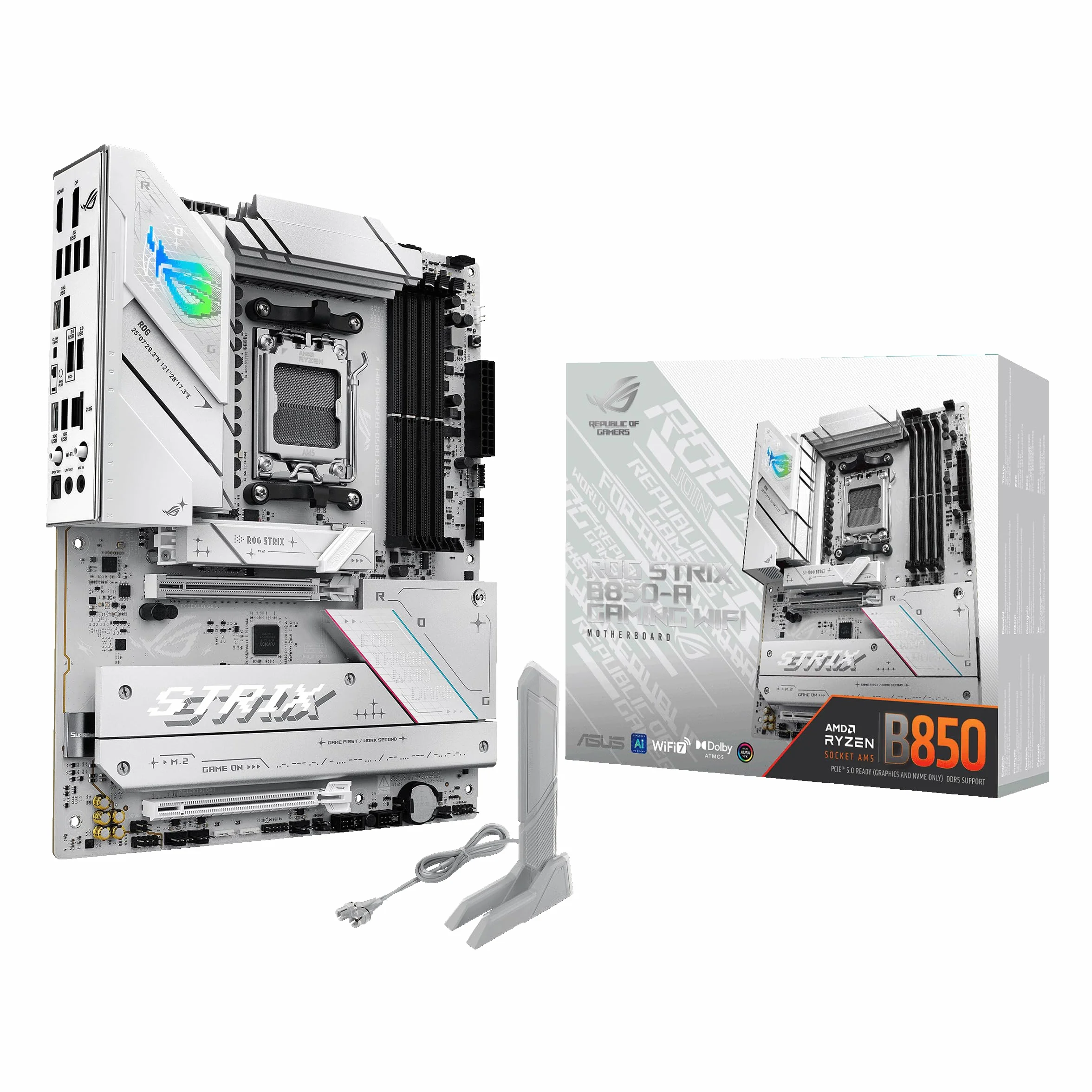 ASUS ROG Strix B850-A do gier WiFi, płyta główna AMD ATX, 14+2+2 fazy zasilania, gniazdo DDR5, PCIe 5.0 z gniazdem Q-Release, 4 gniazda M.2, WiFi 7 z anteną Q, AI Advisor, AI Networking II