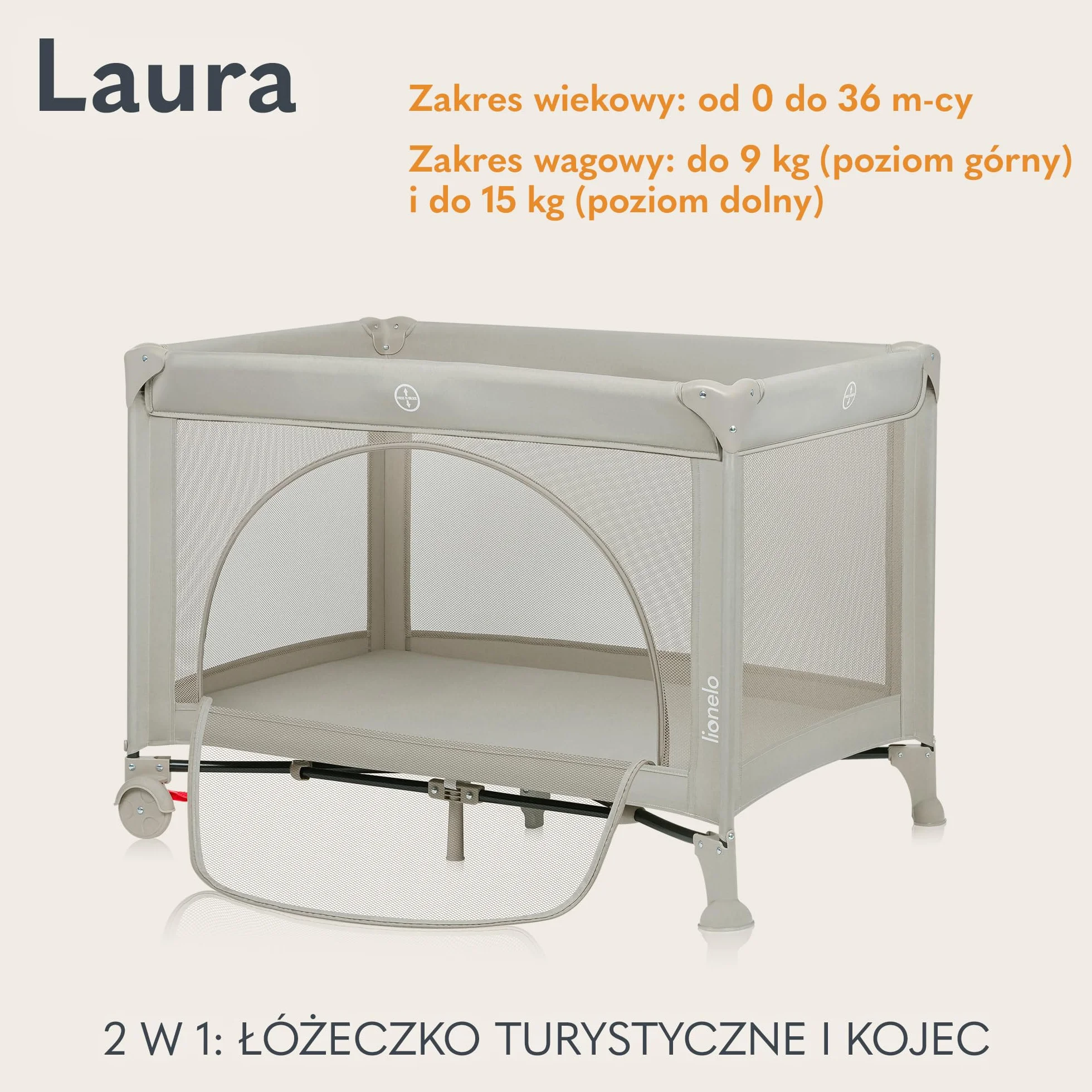 LIONELO LAURA Łóżeczko Turystyczne 2w1 Kojec dziecięcy do 15 kg 0-36 miesięcy Piankowy Materac T25 2 Poziomy Wysokości Torba Podróżna Koła z Hamulcem