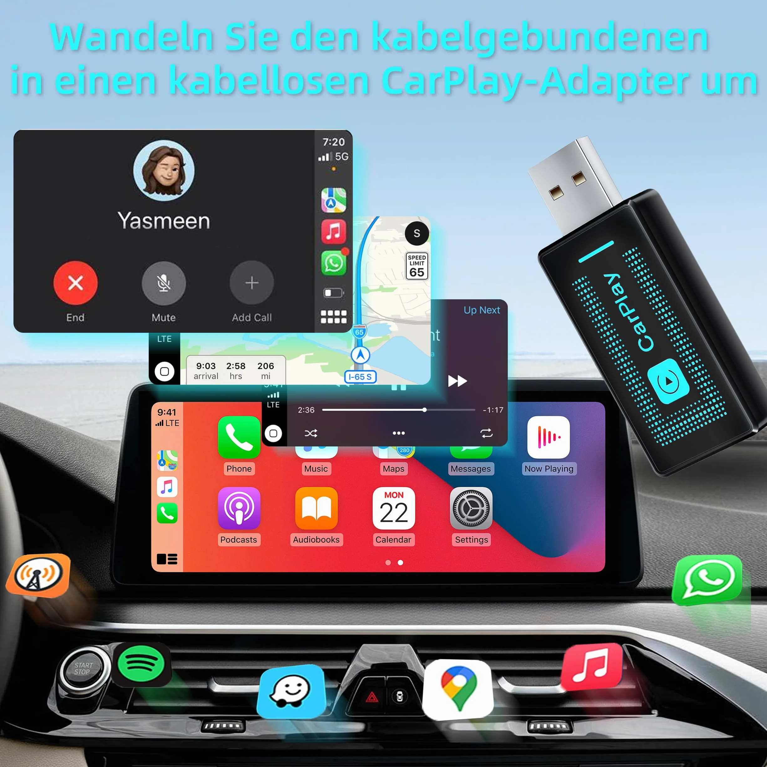 Pashlysh Bezprzewodowy adapter Carplay do iPhone'a, upgrade 2024, USB CarPlay, pendrive do bezprzewodowej obsługi, łatwa funkcja Plug & Play, kompatybilny z samochodami od 2016 i iPhone iOS 10+