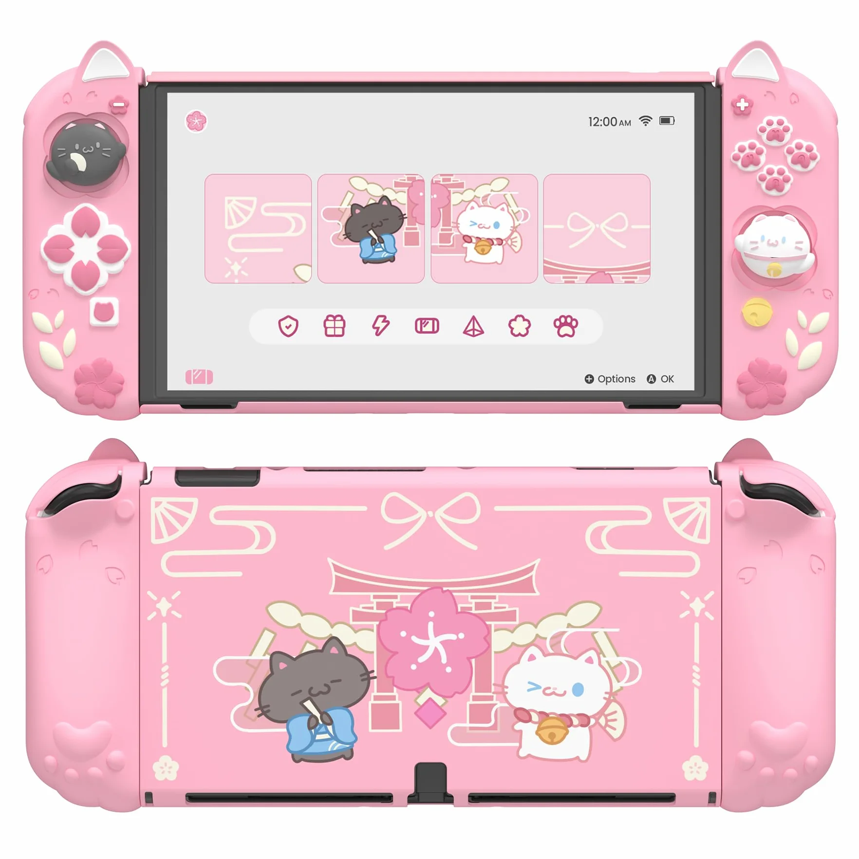 PlayVital Etui Ochronne do Switch OLED z Podpórką, Nakładkami na Joysticki, Twarda Obudowa Kompatybilna z Dockiem, Silikonowy Grip do Joyconów – Różowy Kotek Kwiaty Wiśni