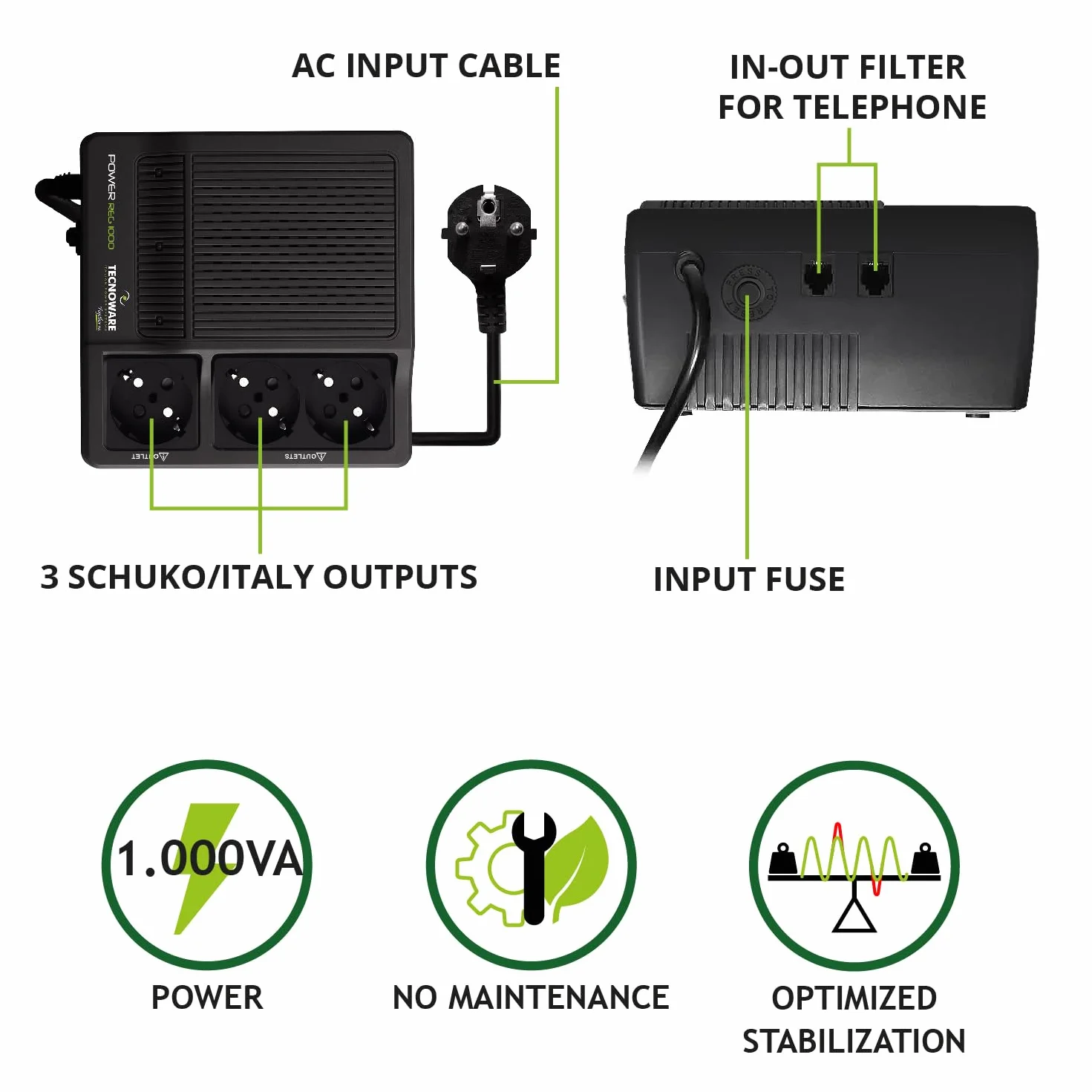 Tecnoware Power Systems PowerReg 1000VA, Stabilizator napięcia jednofazowy, Ochrona przed skokami, pikami i spadkami napięcia dla: TV, systemów HiFi, drukarek, małych urządzeń domowych i biurowych