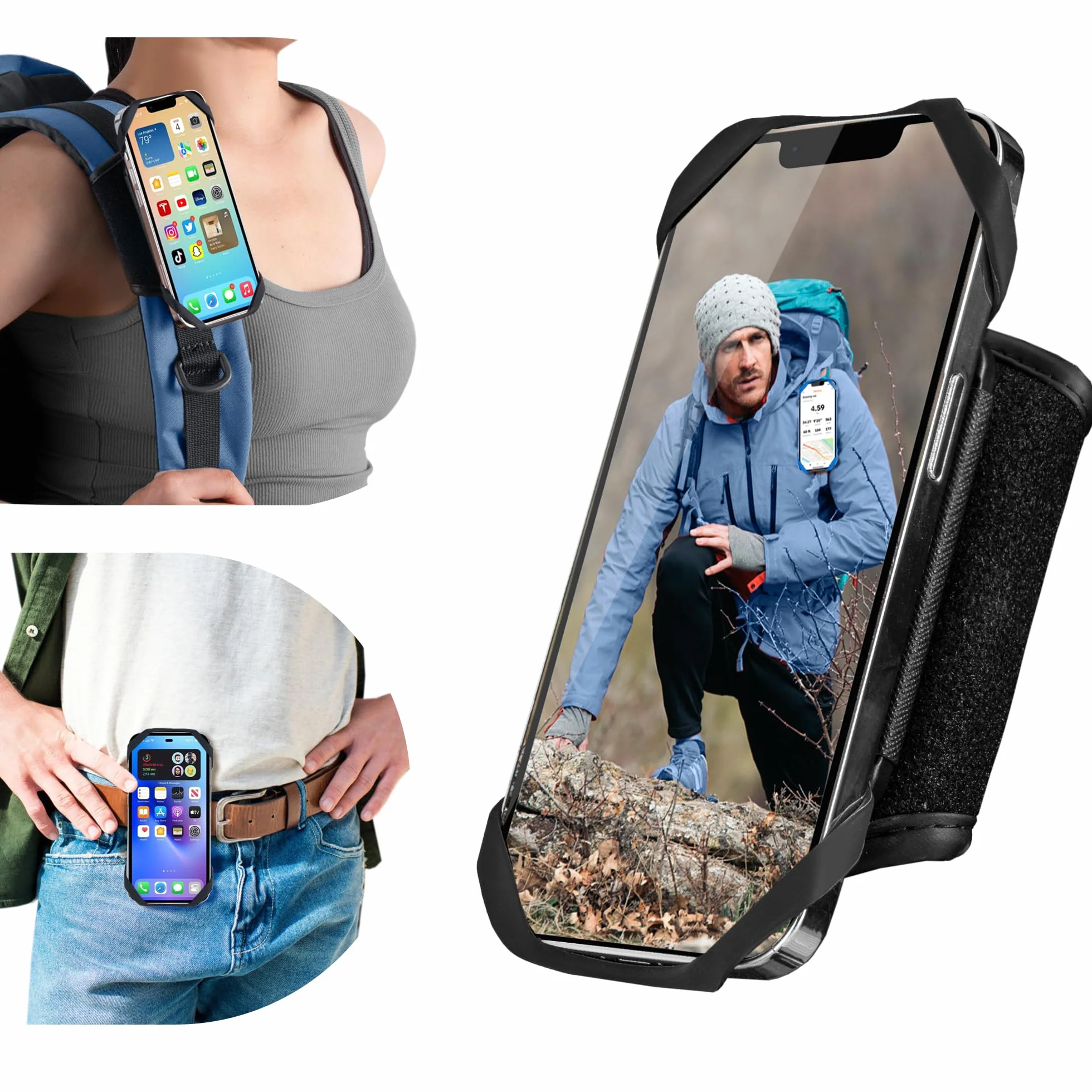 Cikyner Uchwyt na telefon komórkowy, plecak 2 w 1, uchwyt na telefon na paski plecaka, obracany o 360°, zdejmowany uchwyt na telefon komórkowy do iPhone'a 4,5-7", Huawei, na kemping i wędrówki