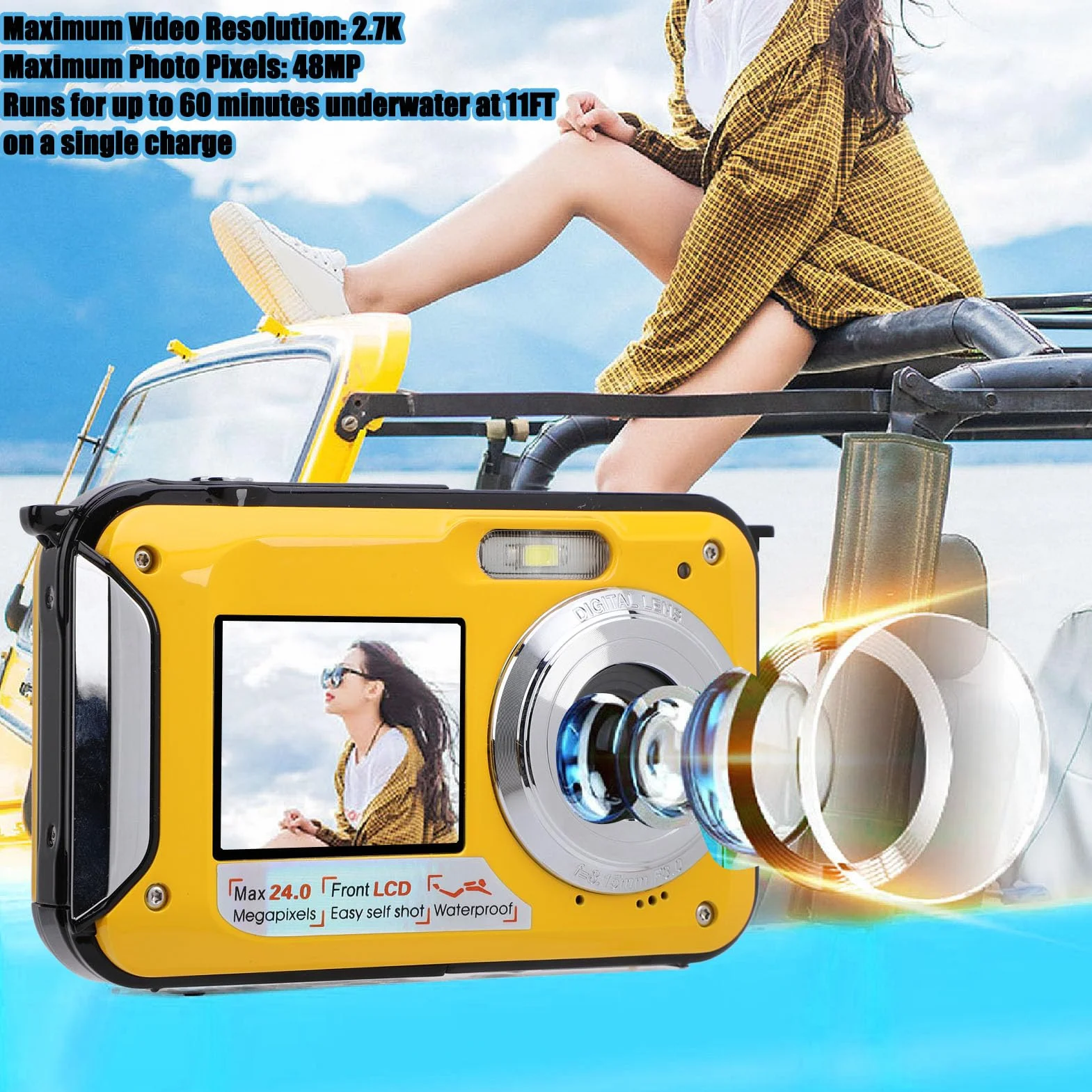 Podwodny Aparat 2,7K Wodoodporny Aparat 11 Stóp z 48 MP, 16-krotnym Zoomem Cyfrowym i Autofokusem Podwodny Aparat do Selfie z Dwoma Ekranami Kompaktowy Aparat Cyfrowy do (YELLOW)