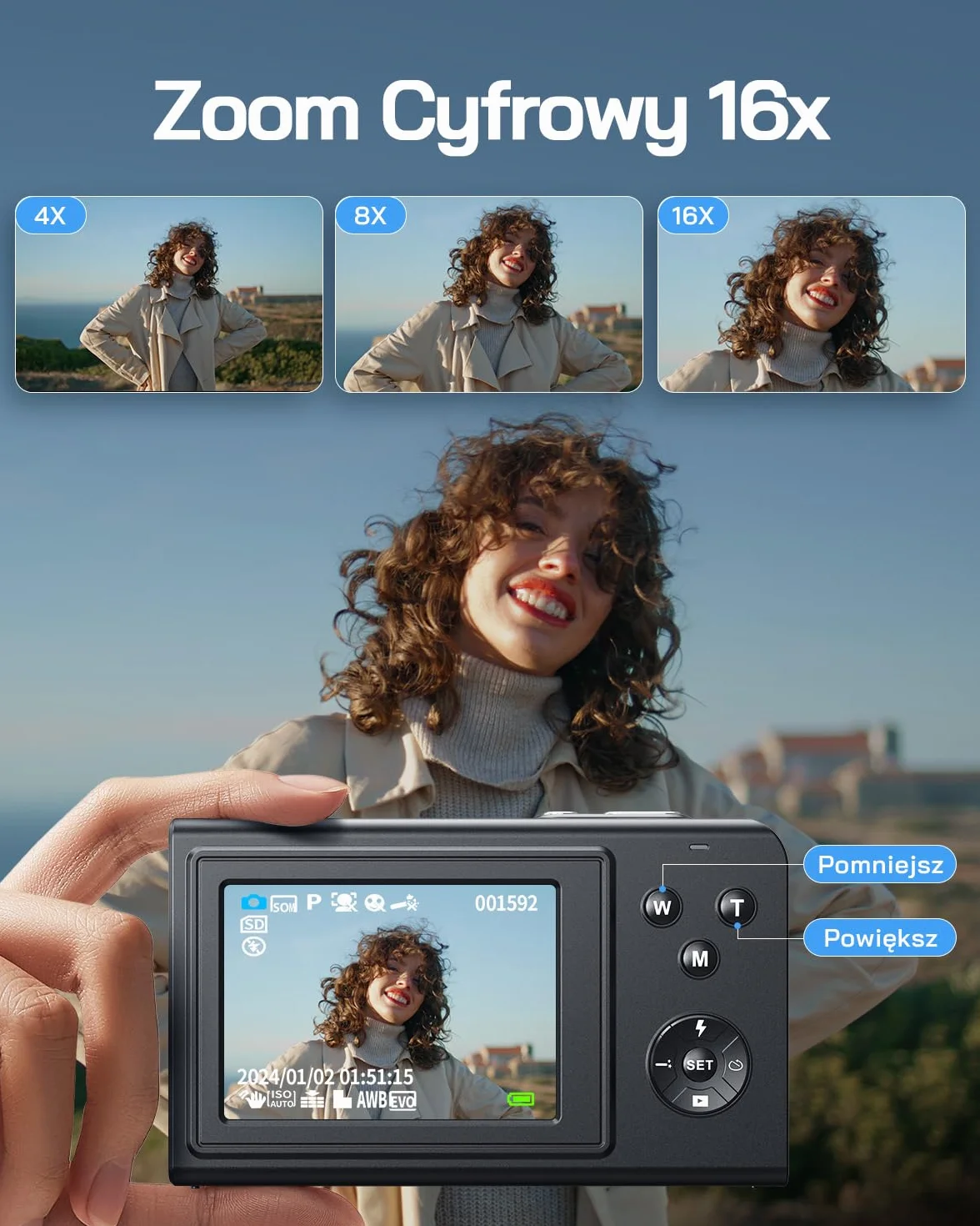 WOLFANG Aparat cyfrowy, 2,7 K Kids Camera do fotografii, 50 MP, kompaktowa kamera vloggowa, 16 x cyfrowy zoom, automatyczny punkt skupienia i strzelanie, prezent dla studentów, nastolatków