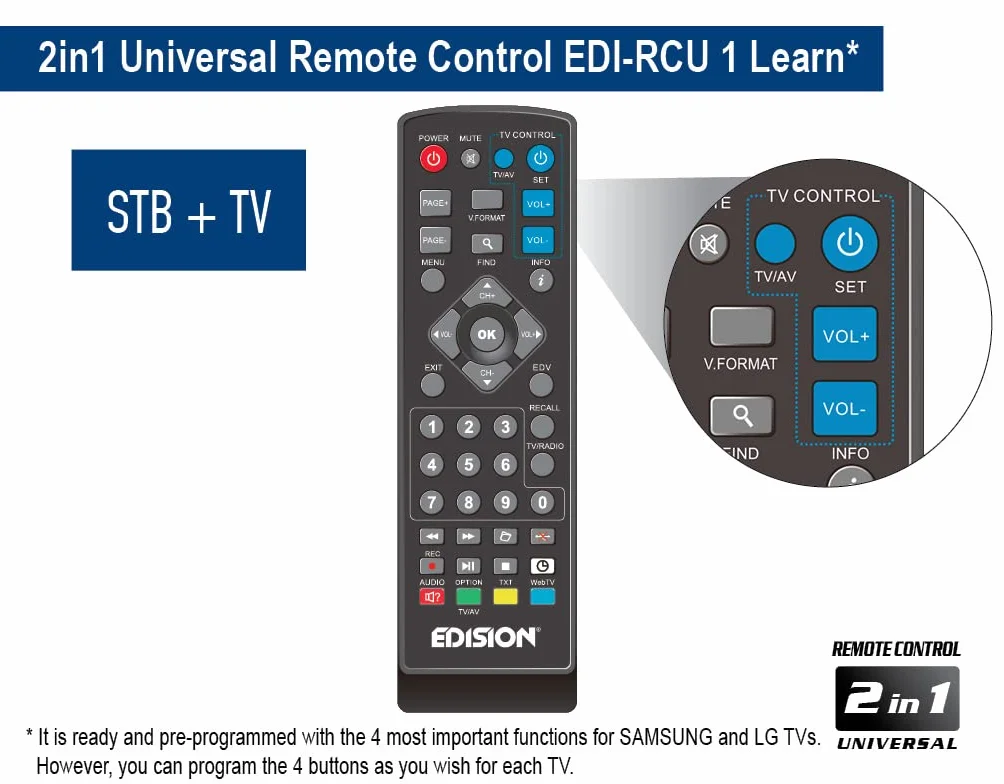 Dekoder dvb-t2 hevc EDISION PICCO T265 naziemnej Odbiornik, DVB-T2 H.265, FTA, Full HD, PVR, USB, HDMI, SCART, S/PDIF, IR, Obsługa USB WiFi, Uniwersalny pilot 2w1