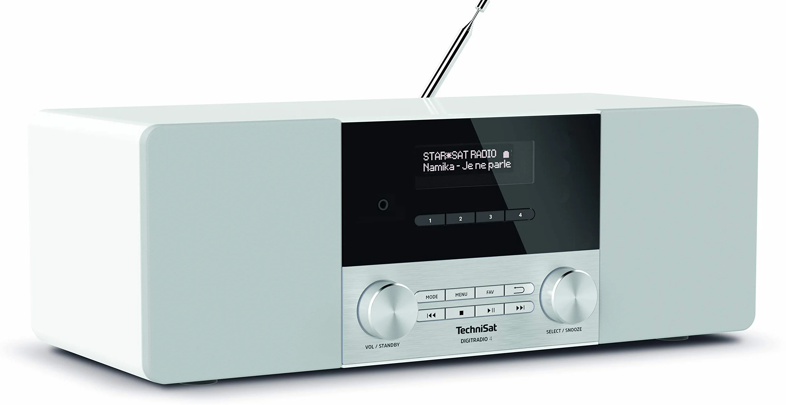 TechniSat DIGITRADIO 4 - Stereofoniczne radio DAB (DAB+, FM, Bluetooth audio streaming (odbiór), gniazdo słuchawkowe, wejście AUX, radiobudzik, wyświetlacz OLED, 20 W RMS, głośnik Elac) biały