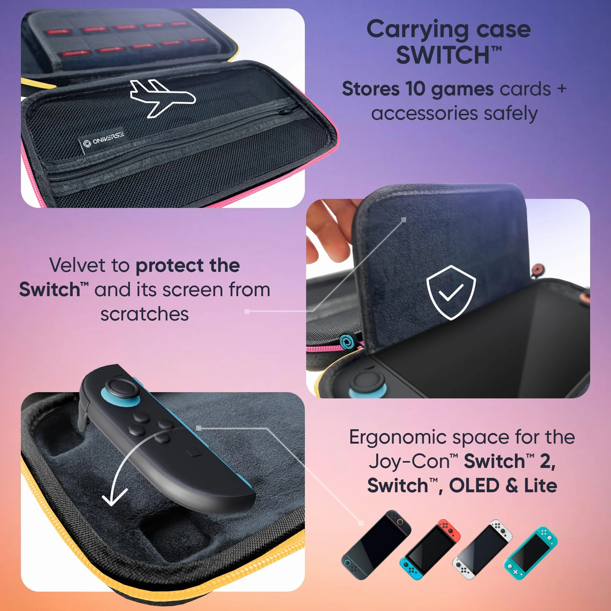 Oniverse Etui ochronne kompatybilne z Nintendo Switch 2/OLED/Switch – Sztywna wodoodporna torba z uchwytem, Wyściełane wnętrze, Miejsca na gry, Siatkowa kieszeń – Różowy