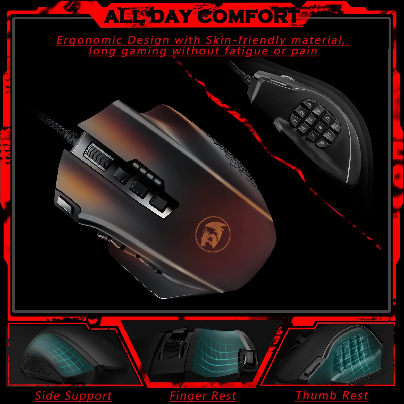 Redragon M901K MMO Gaming Mouse 16,000 DPI, 16 Programmable Buttons, RGB, 8x2.4g Weight Tuning, Black