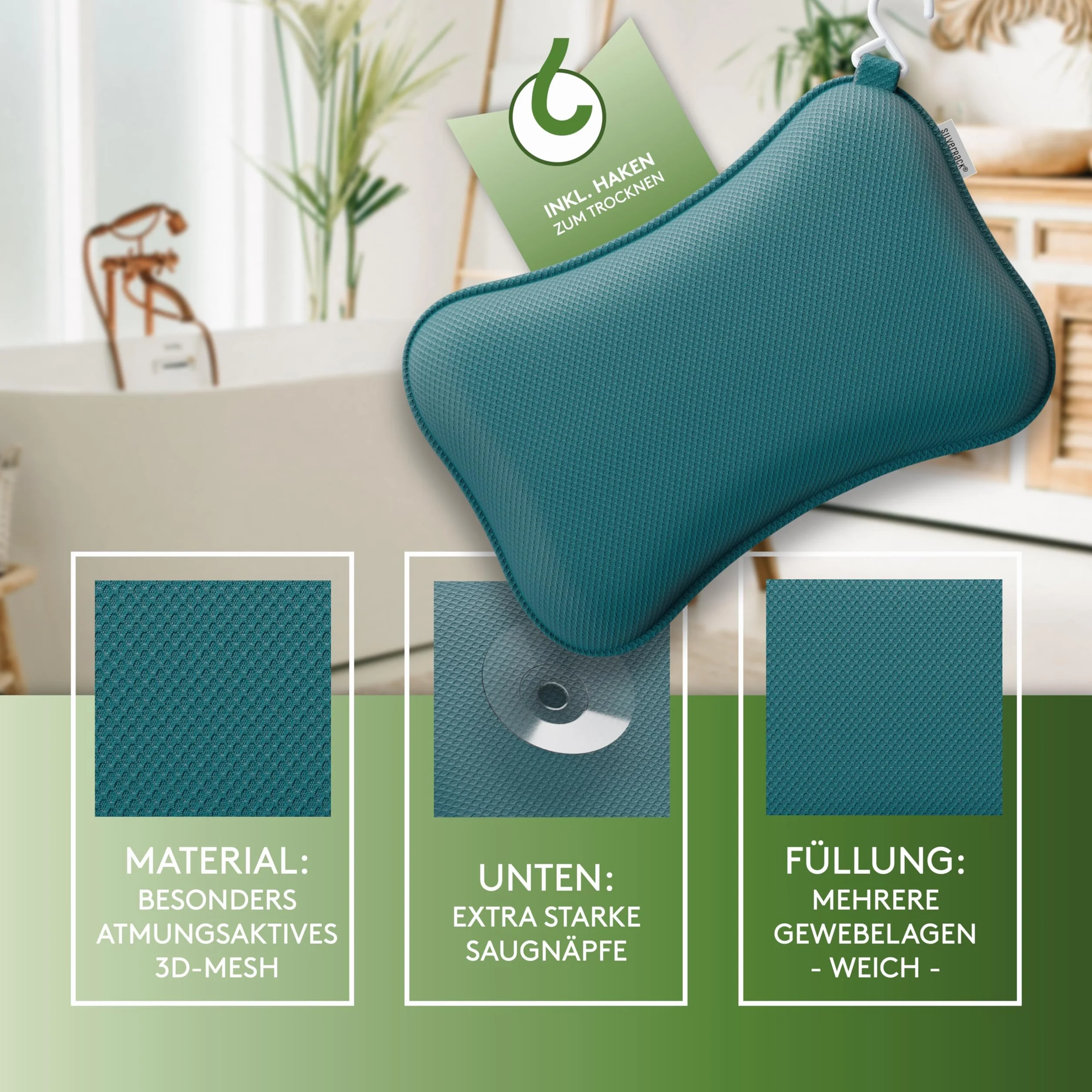 SilverRack Poduszka do wanny premium, kolor petrol – poduszka do wanny – poduszka do wanny z przyssawkami – poduszka pod kark i zagłówek z hydromasażem – akcesoria do wanny – Bath Pillow Spa