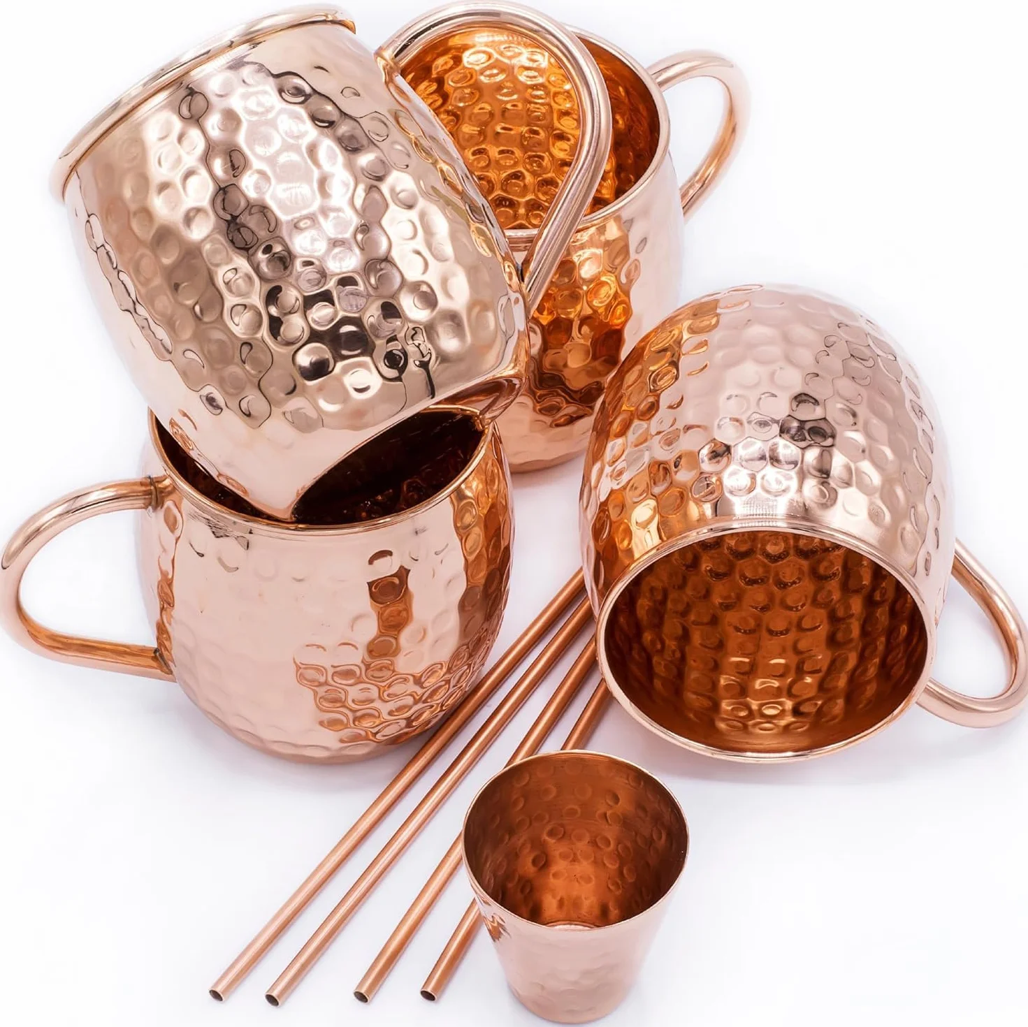 Gadgy Zestaw Szklanek Moscow Mule 4 Kubki Miedź Ręcznie Wykonane Słomki Miarka