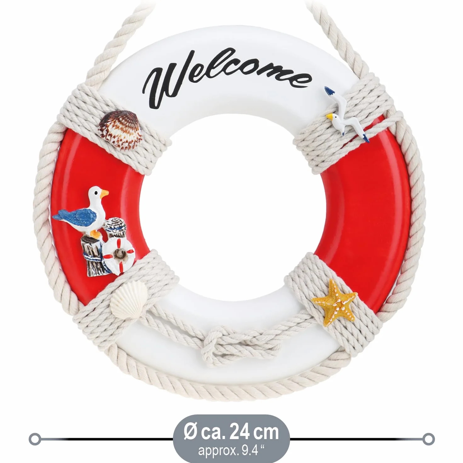 COM-FOUR® 1x dekoracyjne kolo ratunkowe wykonane z drewna z napisem „Witamy” - dekoracja wysylkowa do zawieszenia - morska dekoracja wiszaca do domu (Kolo ratunkowe „Witamy”)
