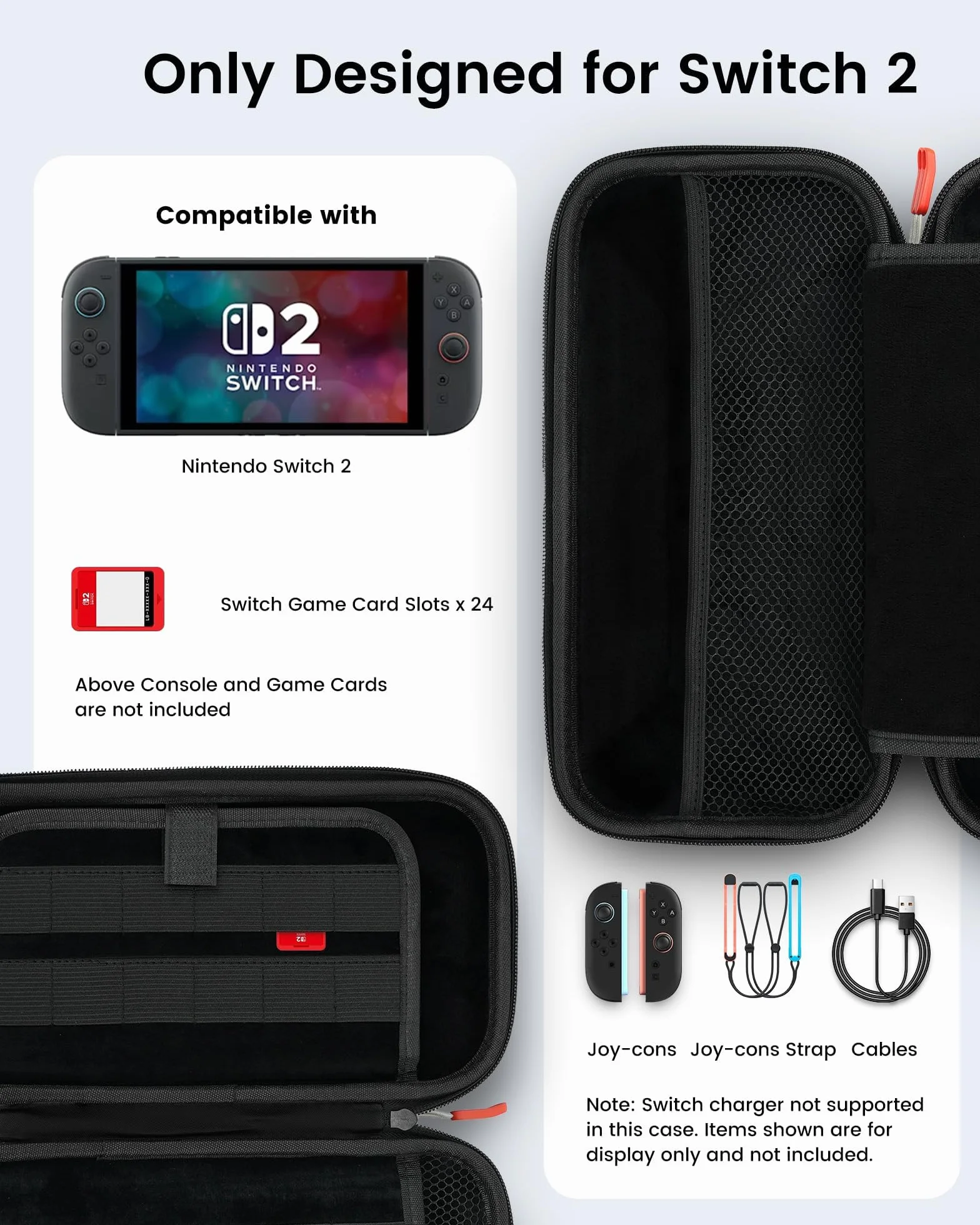 TRANSNOVO Carrying Case for Nintendo Switch-2, Lightweight Durable Travel Case, 24 Game Card Storage, Water-Resistant EVA Shell, Black