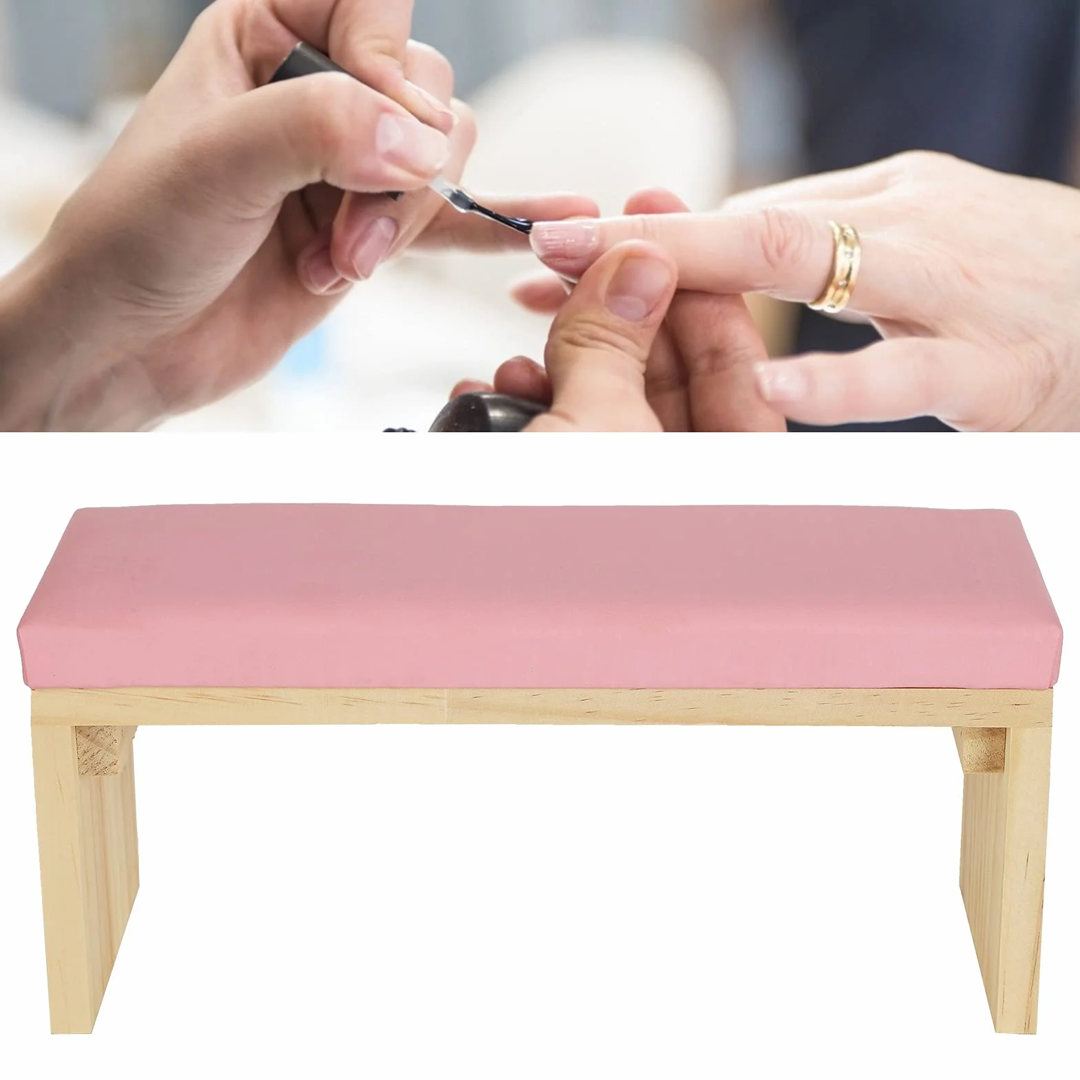 Nail Art Poduszka do Rąk Poduszka do Podłokietnika do Paznokci Miękka Skóra PU Drewniany Stojak Poduszka Podłokietnik do Salonu Paznokci(Różowy)