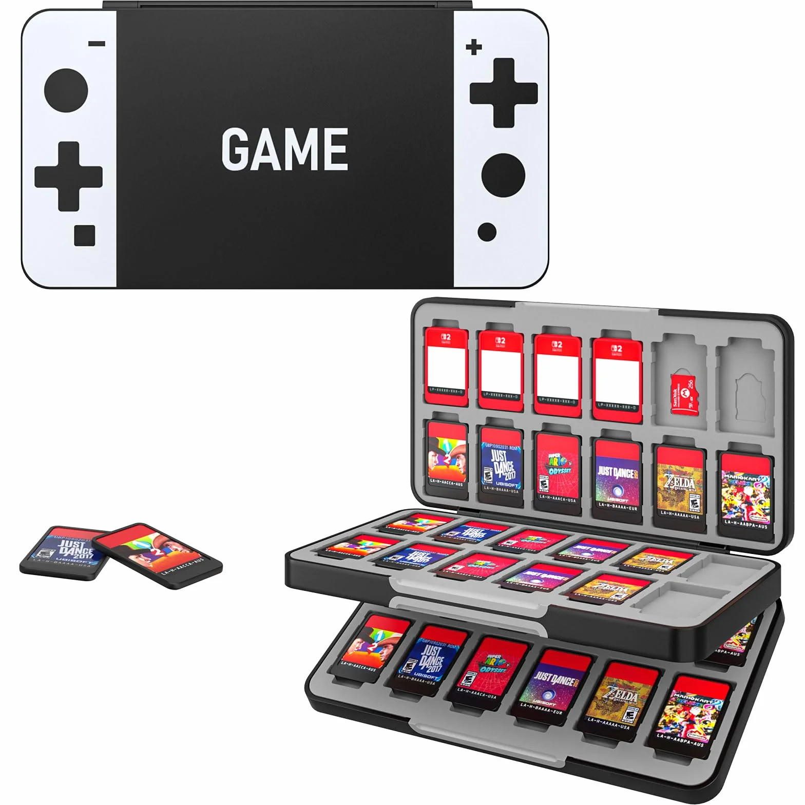 MoKo 48 Game Card Case for Nintendo Switch 2 / Switch OLED / Lite, Portable Game Storage Holder Case with 48 Game Card Slots & 24 Micro SD Cards Slots, BkWhtG
