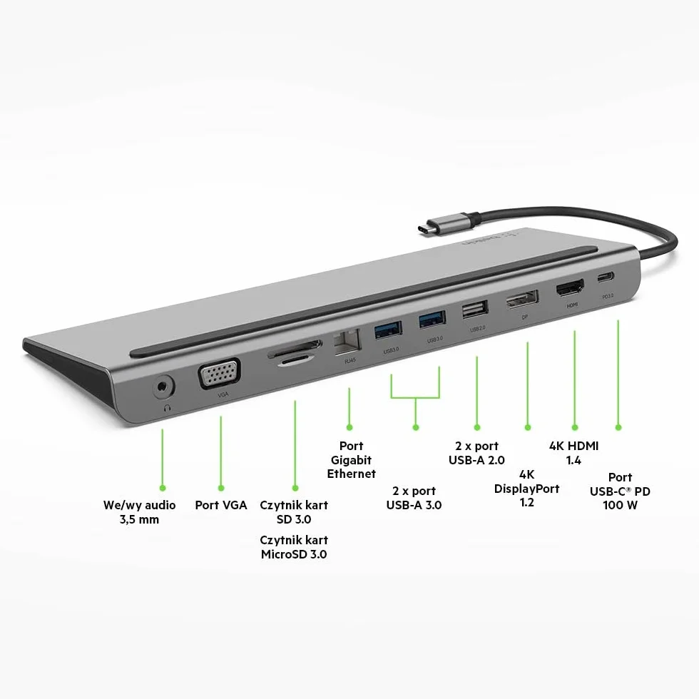Belkin Wieloportowy koncentrator USB-C 11 w 1 z portami 4K HDMI, DP, VGA, ładowaniem przelotowym PD o mocy 100 W przez USB-C, 3 portami USB-A, 3,5 mm do laptopów MacBook* Pro, Air, XPS i nie tylko