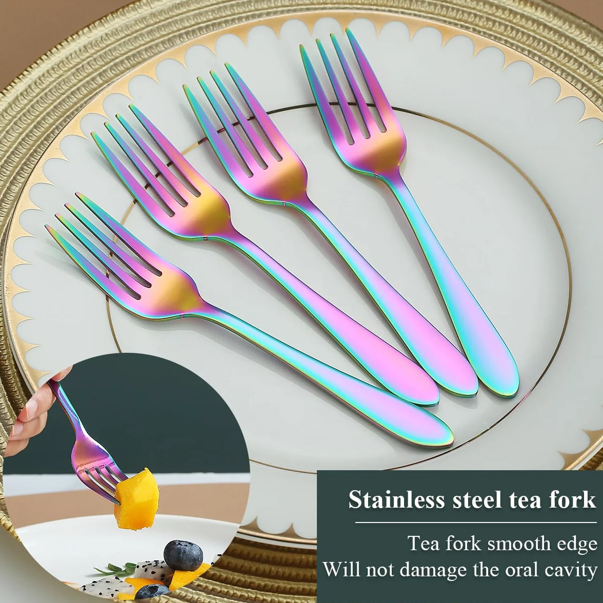 Kyraton Rainbow Dessert Forks 12 sztuk 14 cm stal nierdzewna pokryta tytanem Rainbow Dessert Forks, Cake Forks, Fruit Forks, Fork Silverware