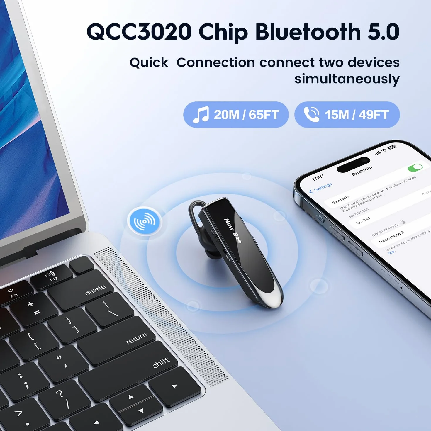 Bee Słuchawki Bluetooth V5.0 z Clear Voice Capture, do Telefonów iPhone, Samsung, Huawei, HTC, Sony itp.