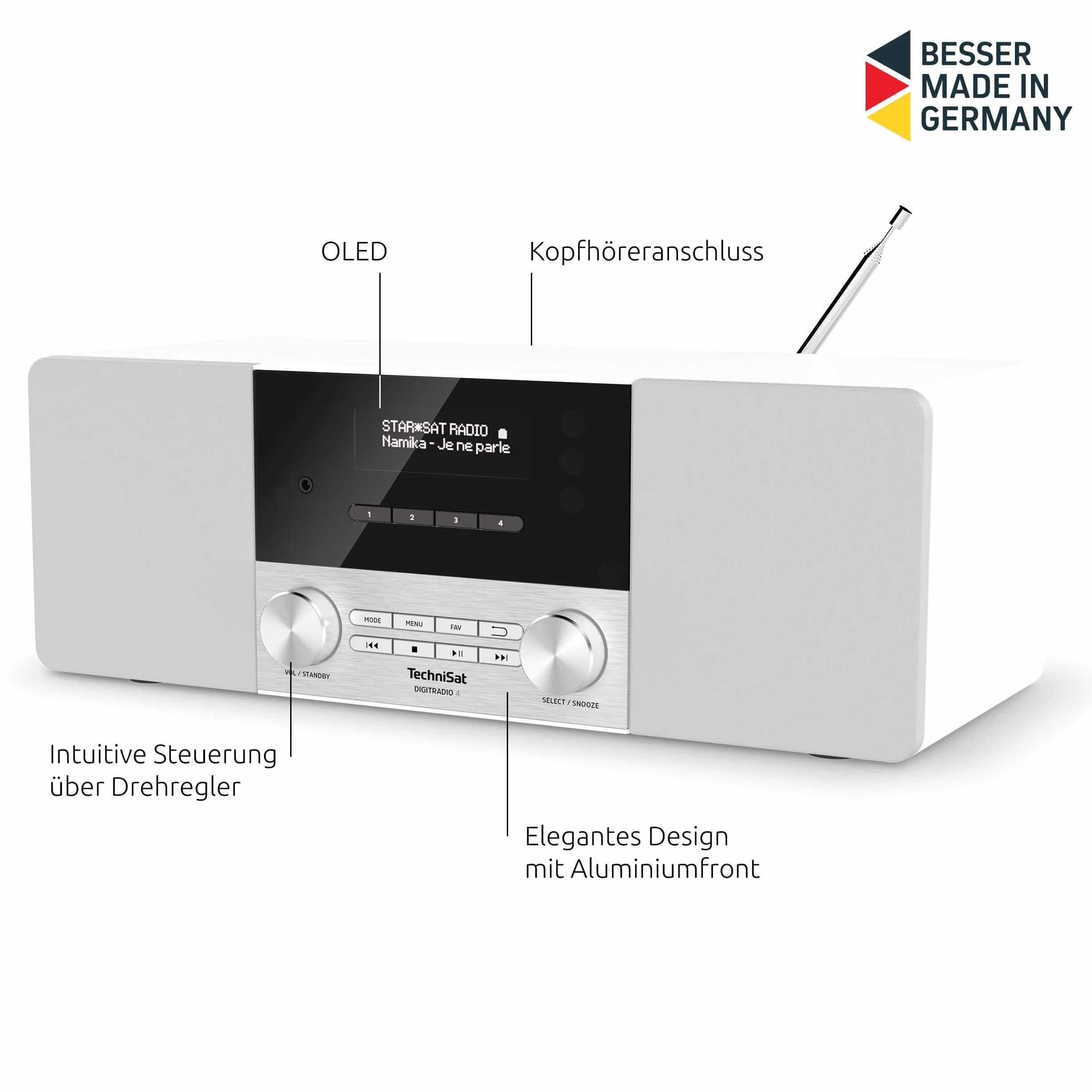 TechniSat DIGITRADIO 4 - Stereofoniczne radio DAB (DAB+, FM, Bluetooth audio streaming (odbiór), gniazdo słuchawkowe, wejście AUX, radiobudzik, wyświetlacz OLED, 20 W RMS, głośnik Elac) biały