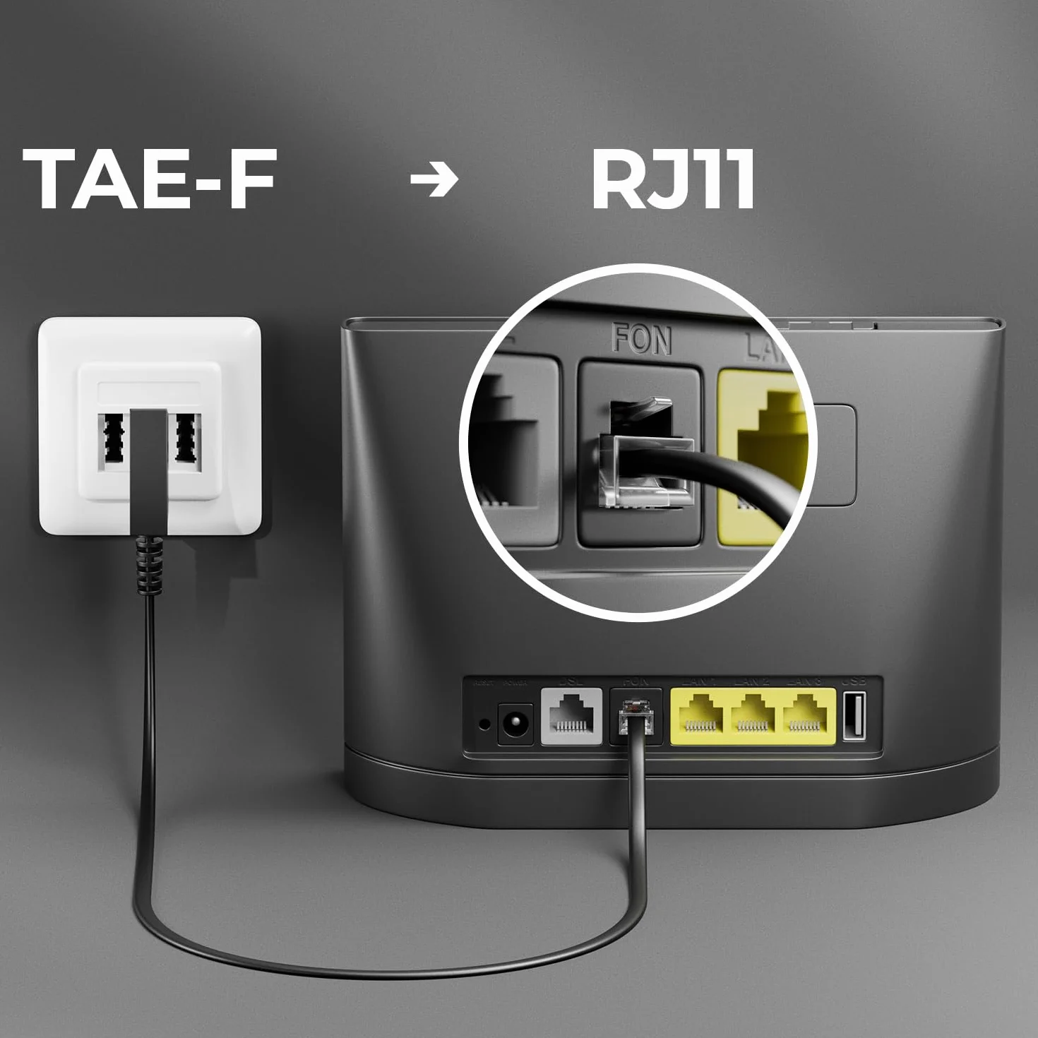 deleyCON 6m Kabel Telefoniczny TAE-F Wtyk do RJ11 Wtyk Int. Standard 6P4C Płaski Kabel Analogowe Urządzenia Końcowe do TAE-F Gniazdo Telefoniczne Telefon Faks Modem Router Czarny
