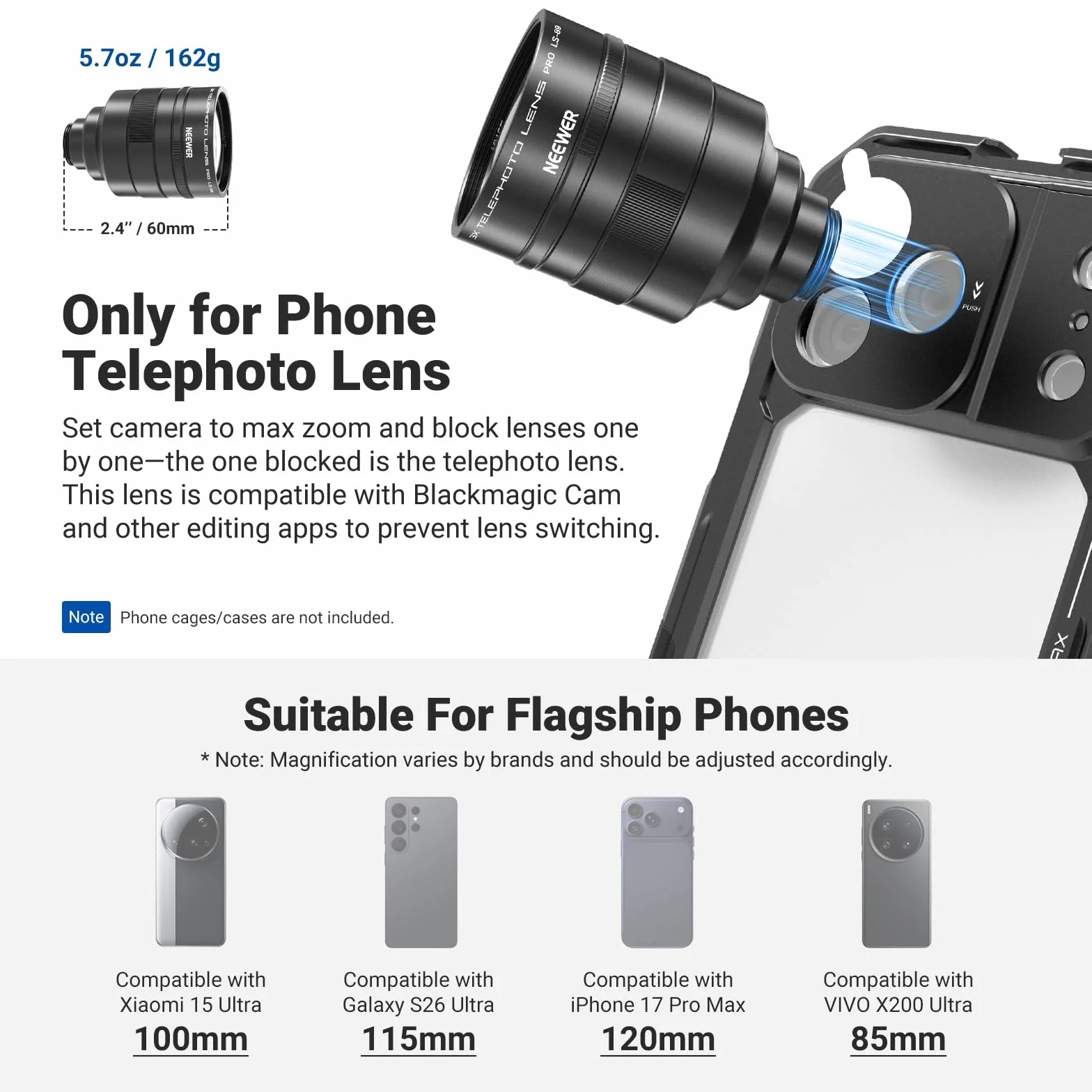 NEEWER 3X Tylko telekonwerter do teleobiektywu telefonu, odpowiednik 360 mm, 12 elementów w 6 grupach, gwint 17 mm, kompatybilny z iPhone'ami, Android, Samsung i Xiaomi, LS-89