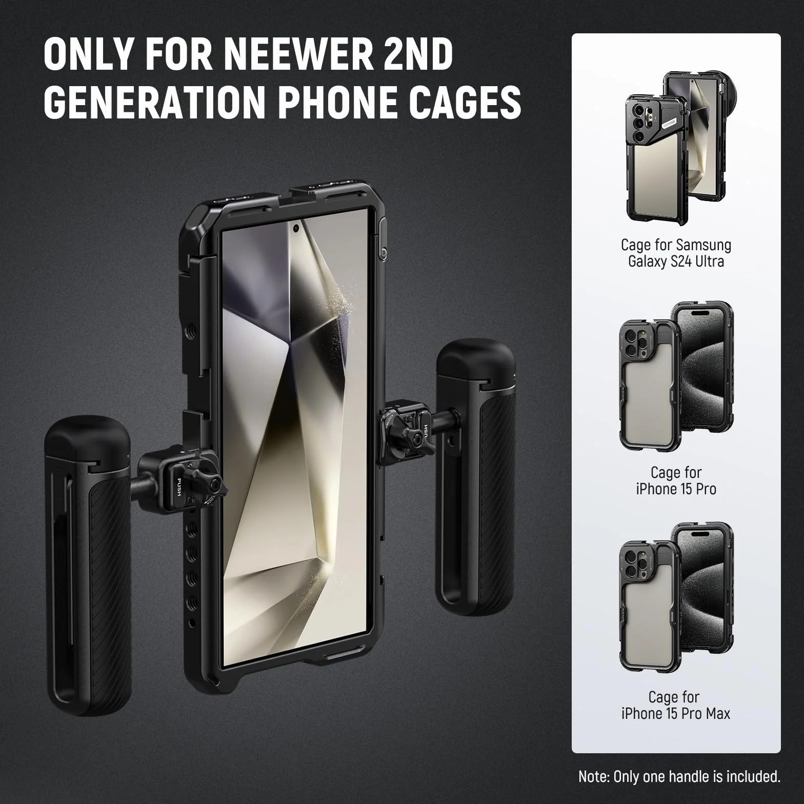 NEEWER Uchwyt boczny szybkiego zwalniania do klatki na telefon PA073 PA074 dla 16 Pro/16 Pro Max, PA042 do Samsung S24 Ultra, z zakrytą zimną stopką, pinem zapobiegającym zdejmowaniu, czarna blokada