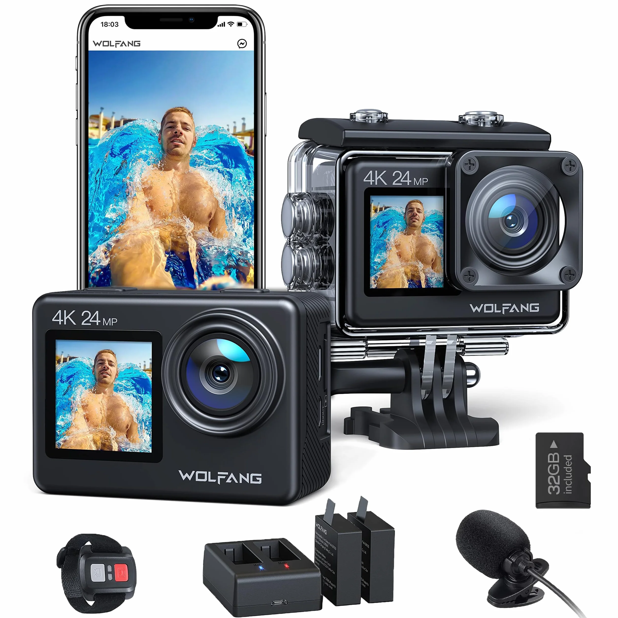 WOLFANG Kamera sportowa 4K 24MP WiFi GA200, wodoodporna kamera podwodna 40 m do nurkowania, EIS 170° szerokokątna kamera do vlogowania z ładowarką, pilotem zdalnego sterowania