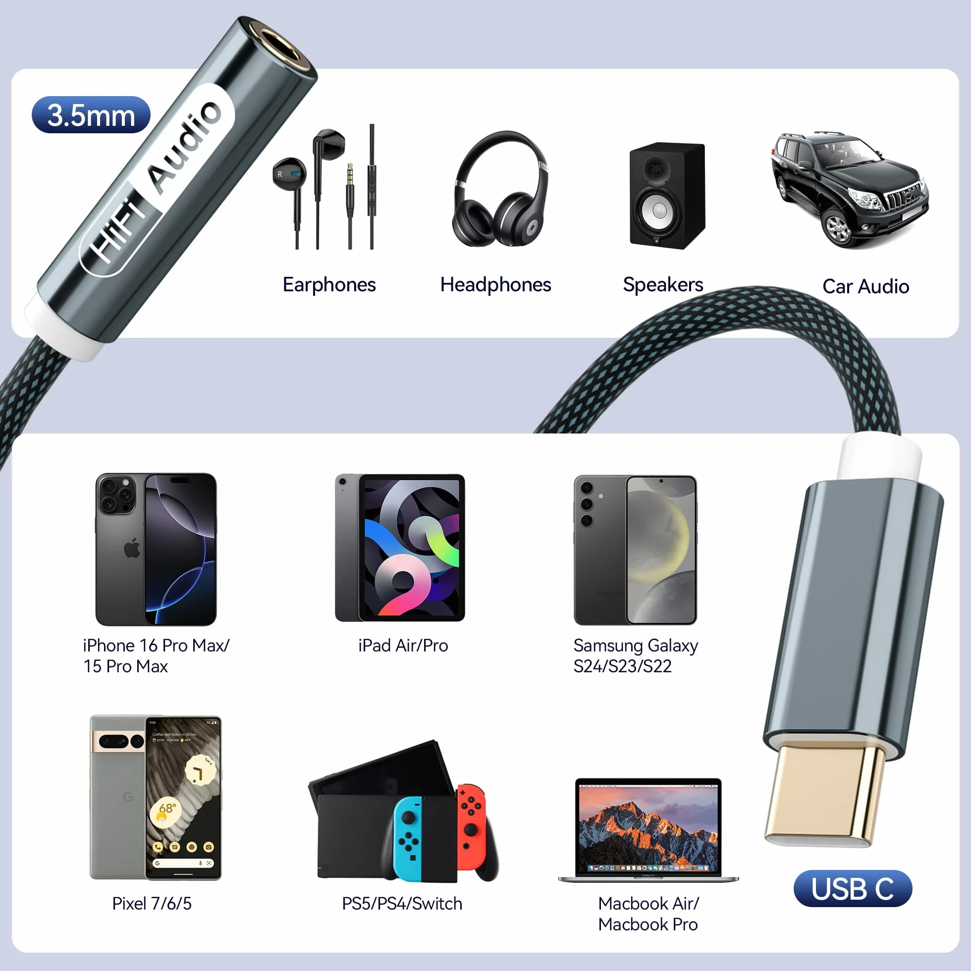 YISH USB C Jack：Typ C Jack 3.5, nylonowa przejściówka USB C Jack kompatybilna z iPhone 17/16 Pro Max/15 Plus Samsung Galaxy S25/S24/S23 Xiaomi 9/8 MacBook iPad Pro Google Pixel 9/8