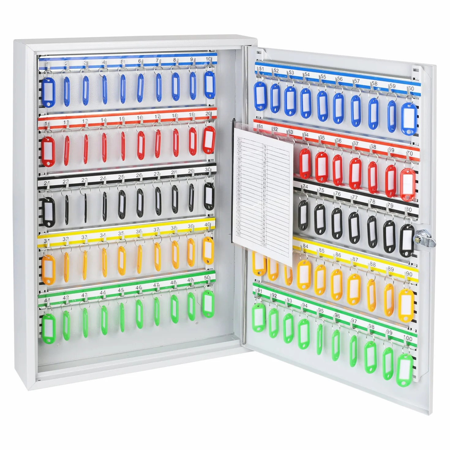 HMF 135100-07 szafka na klucze, 100 haczyków, regulowane listwy z haczykami, 55,0 x 38,0 x 8,0 cm, jasnoszara
