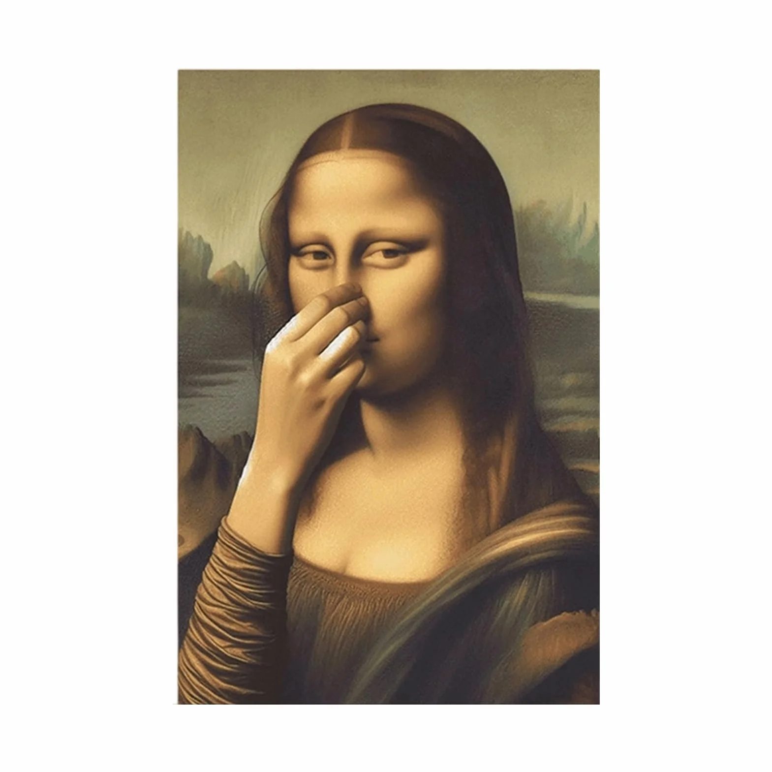 Plakat Mona Lisa z gestem od nosa do nosa 30x40 cm ironiczna dekoracja ścienna