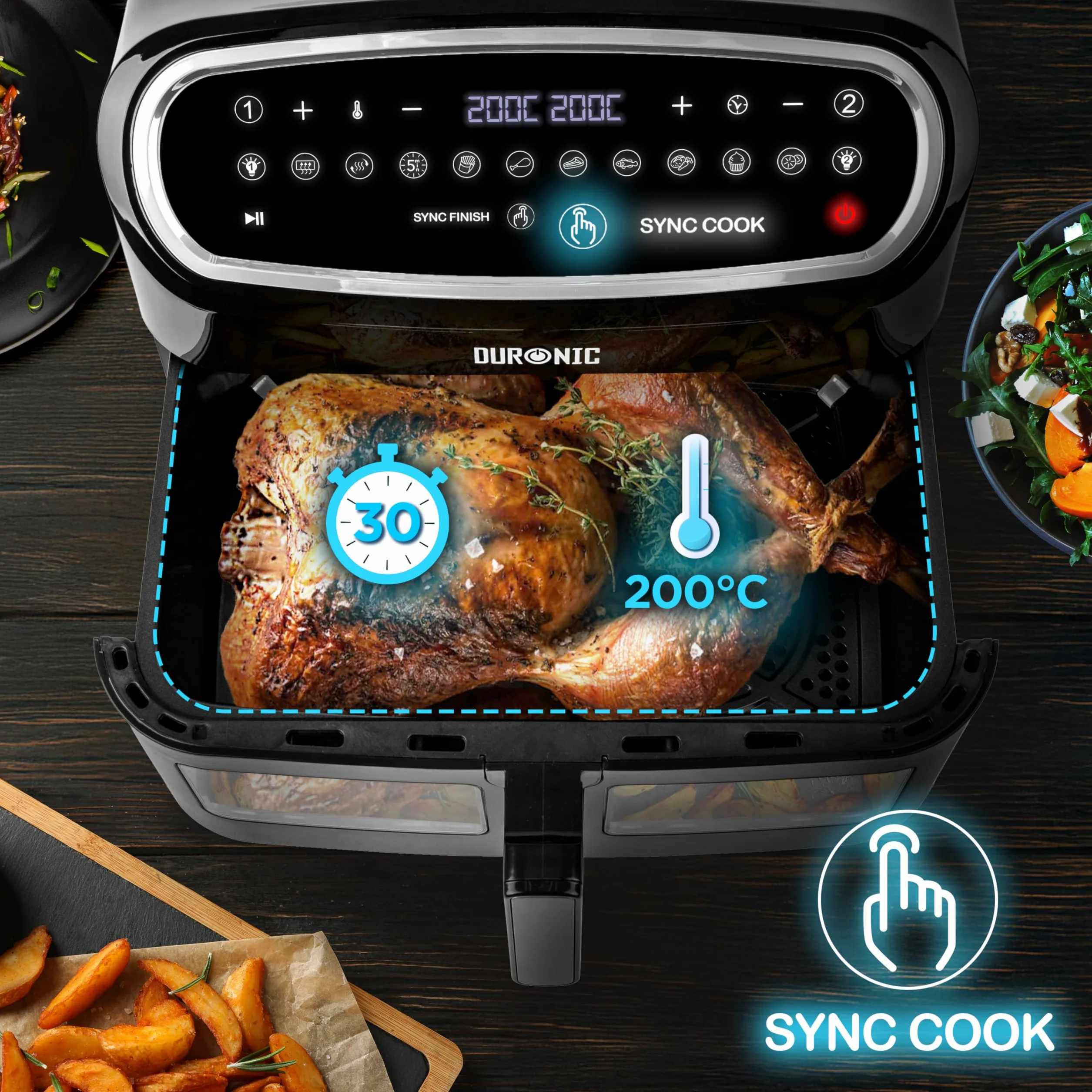 Duronic AF14 BK Airfryer XXL z dużą komora 10l l | frytkownica beztłuszczowa na gorące powietrze wielofunkcyjna podwójna